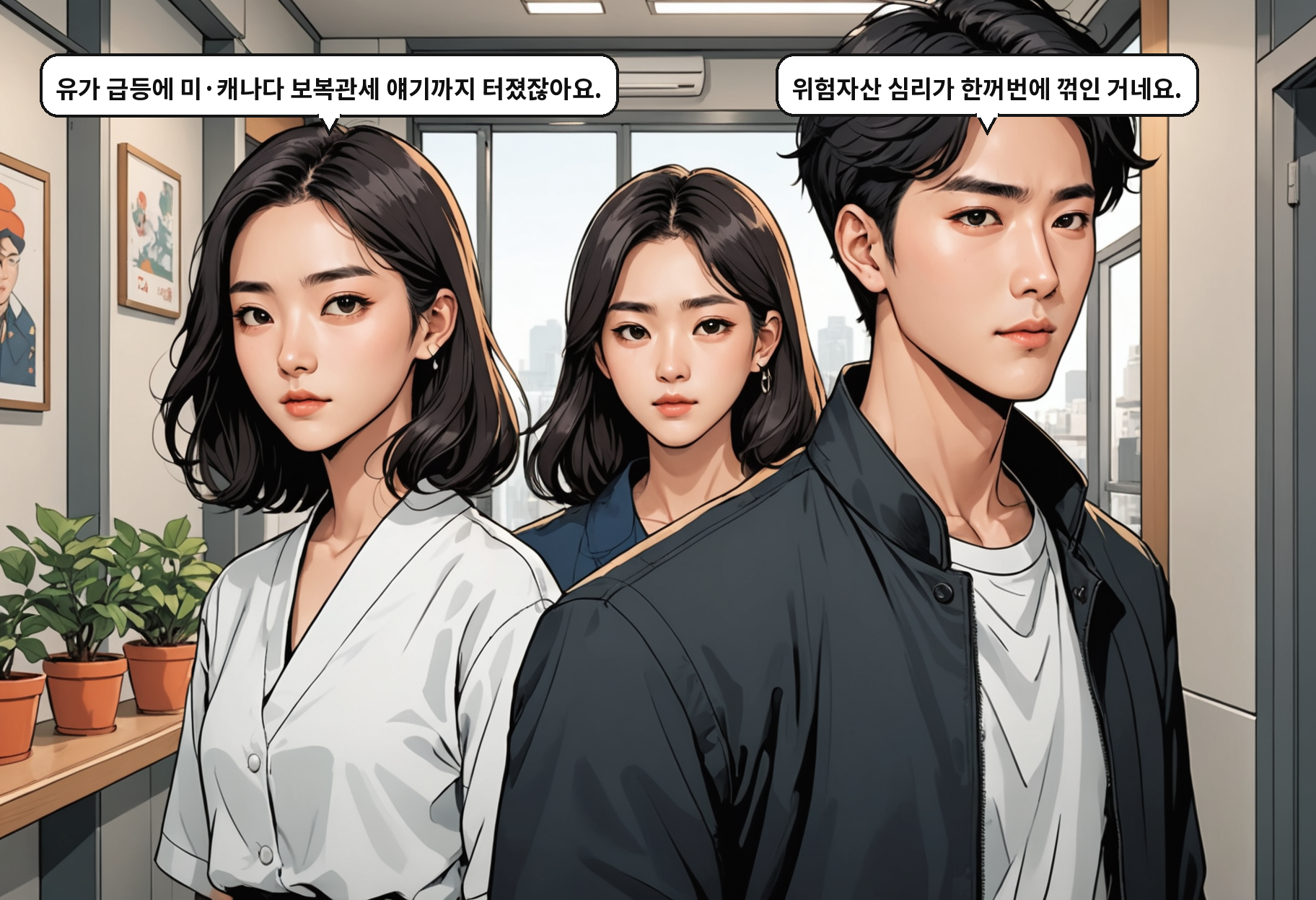 B: 유가 급등에 미·캐나다 보복관세 얘기까지 터졌잖아요. A: 위험자산 심리가 한꺼번에 꺾인 거네요.