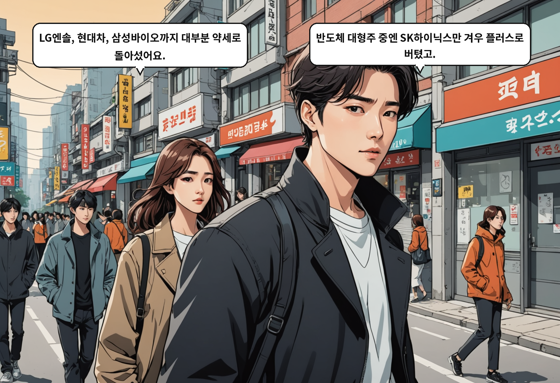 A: LG엔솔, 현대차, 삼성바이오까지 대부분 약세로 돌아섰어요. B: 반도체 대형주 중엔 SK하이닉스만 겨우 플러스로 버텼고.