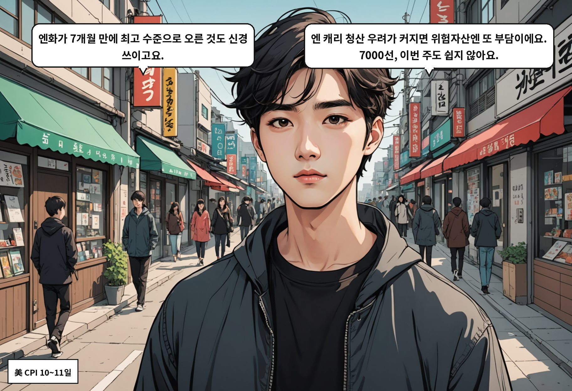 A: 엔화가 7개월 만에 최고 수준으로 오른 것도 신경 쓰이고요. B: 엔 캐리 청산 우려가 커지면 위험자산엔 또 부담이에요. 7000선, 이번 주도 쉽지 않아요.