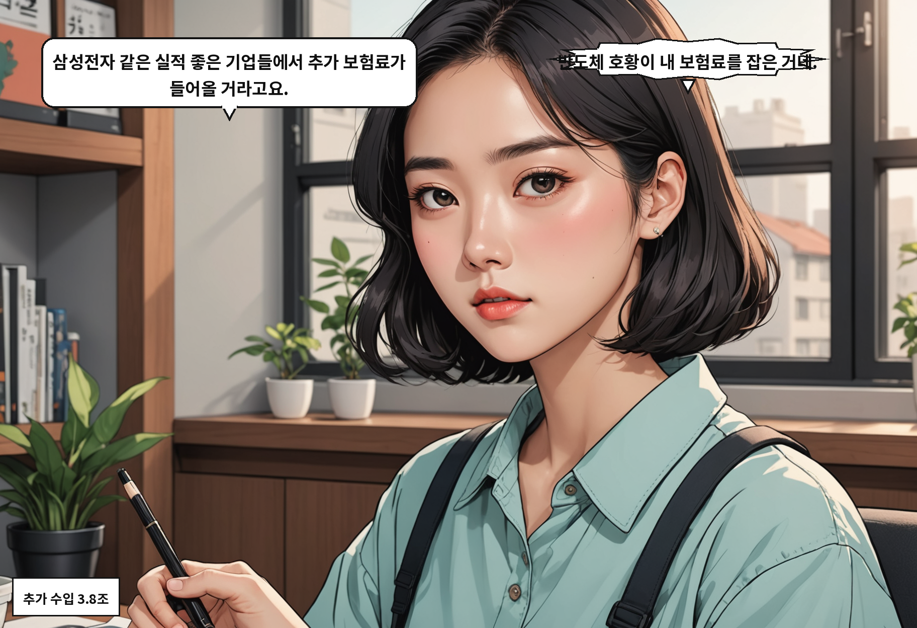 A: 삼성전자 같은 실적 좋은 기업들에서 추가 보험료가 들어올 거라고요. B: 반도체 호황이 내 보험료를 잡은 거네.