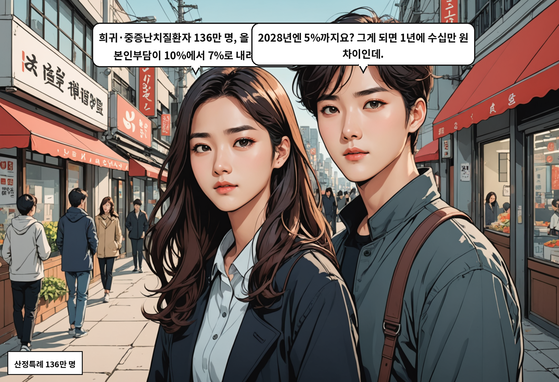 A: 희귀·중증난치질환자 136만 명, 올 12월부터 본인부담이 10%에서 7%로 내려가요. B: 2028년엔 5%까지요? 그게 되면 1년에 수십만 원 차이인데.