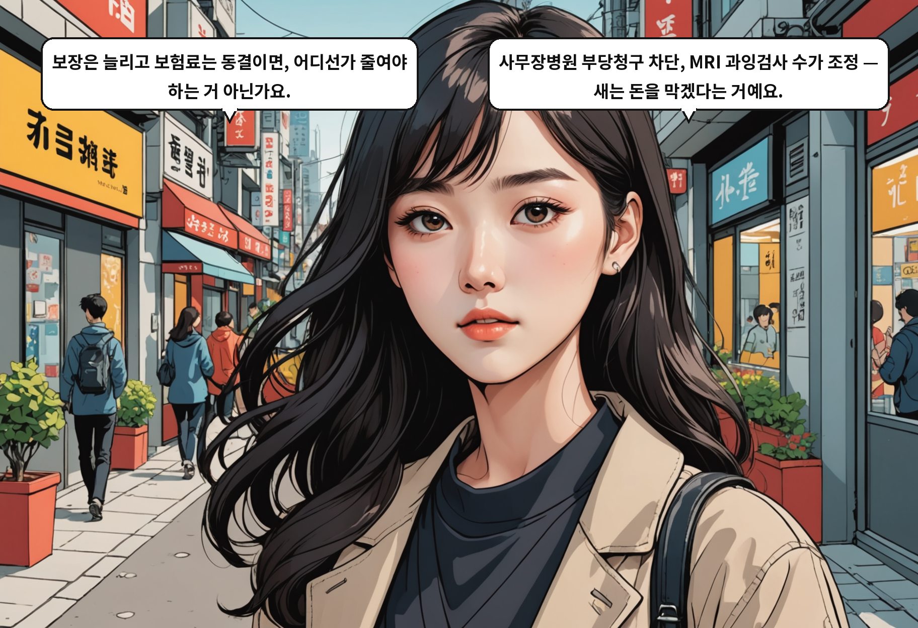 B: 보장은 늘리고 보험료는 동결이면, 어디선가 줄여야 하는 거 아닌가요. A: 사무장병원 부당청구 차단, MRI 과잉검사 수가 조정 — 새는 돈을 막겠다는 거예요.