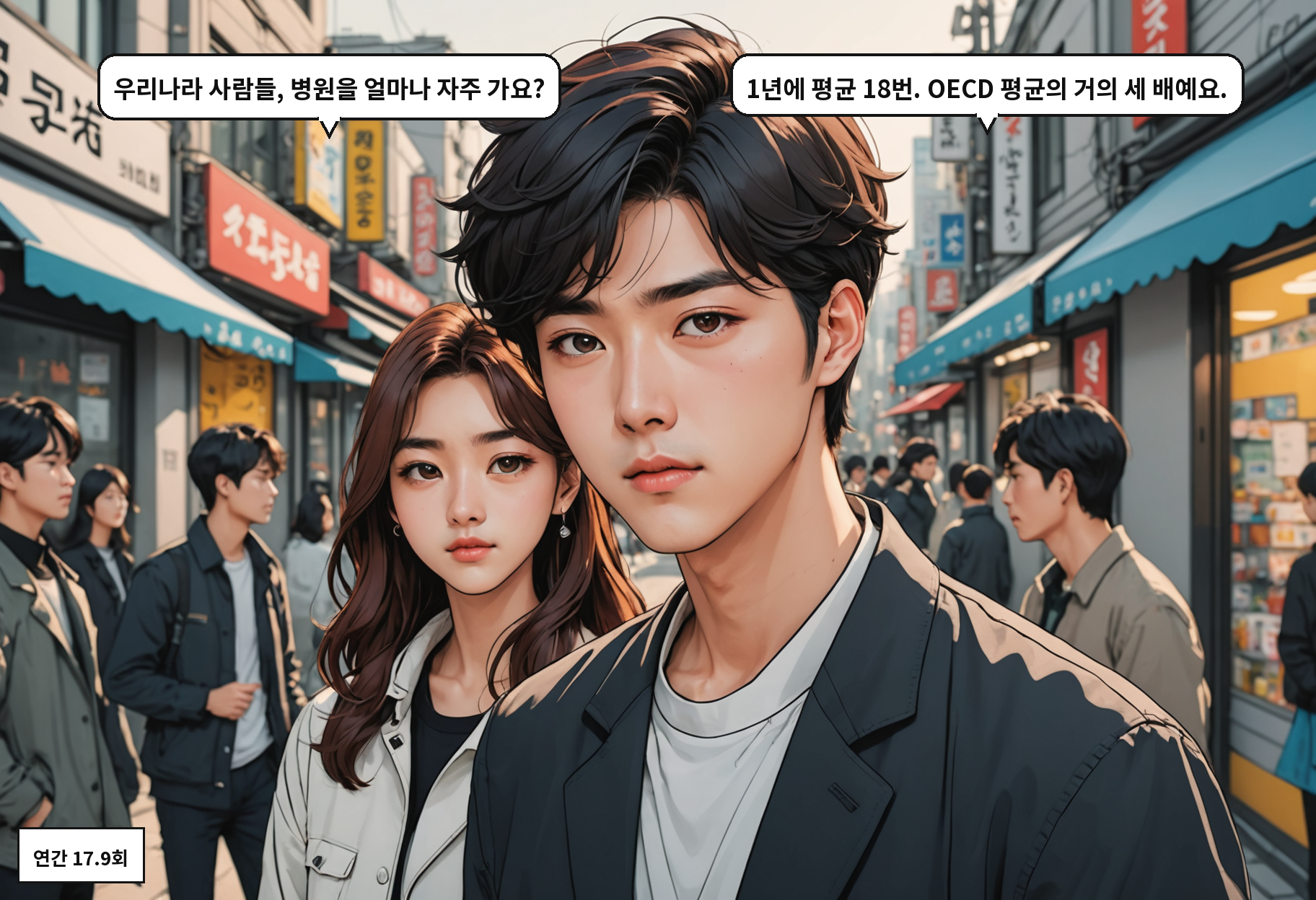 B: 우리나라 사람들, 병원을 얼마나 자주 가요? A: 1년에 평균 18번. OECD 평균의 거의 세 배예요.