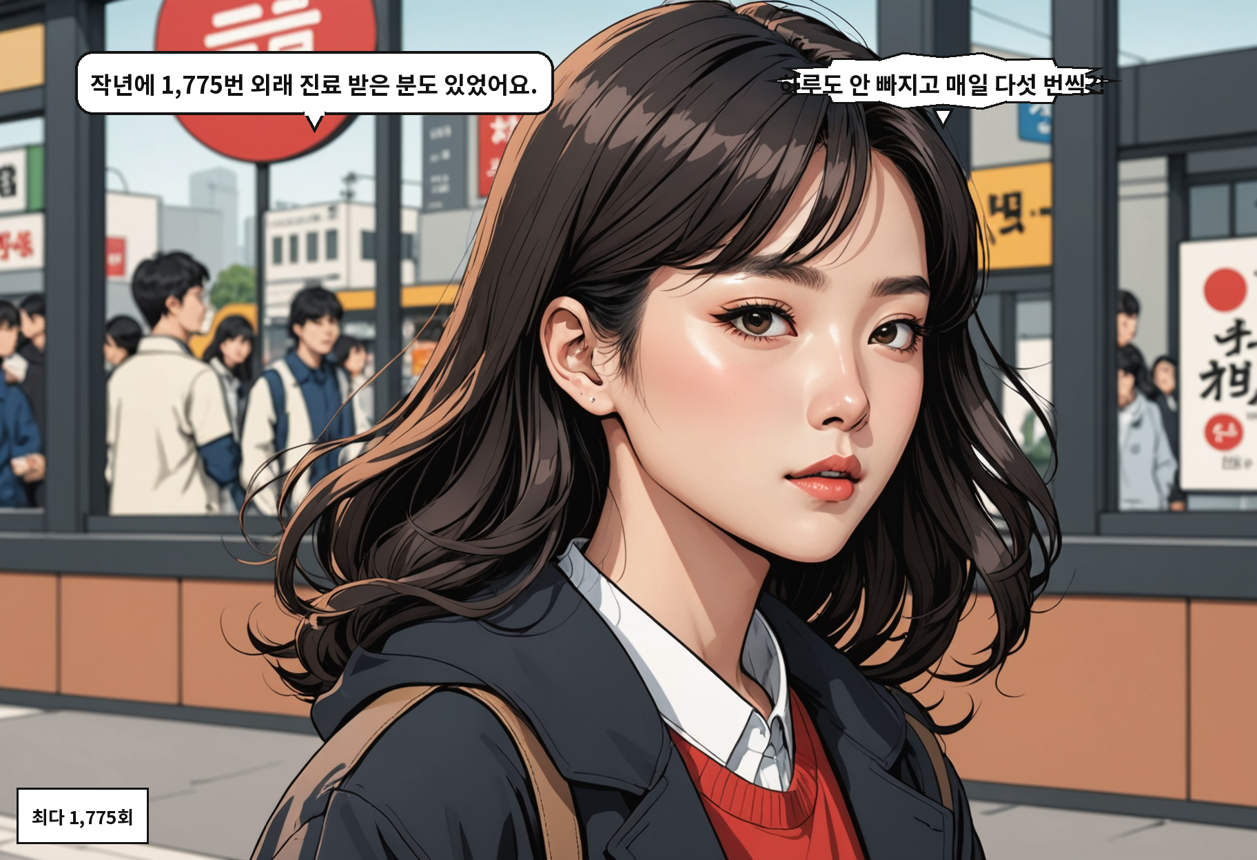 A: 작년에 1,775번 외래 진료 받은 분도 있었어요. B: 하루도 안 빠지고 매일 다섯 번씩?!