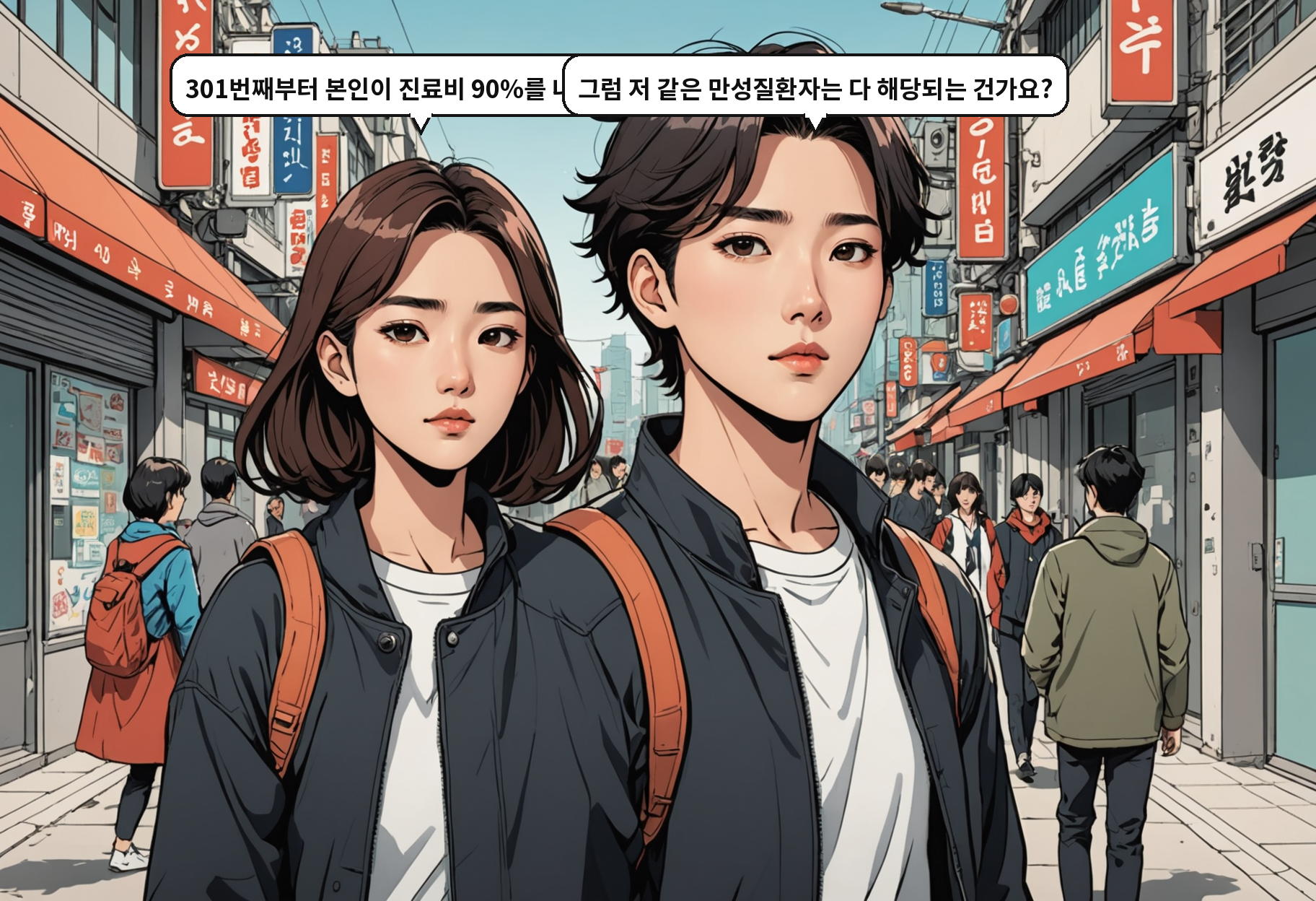 A: 301번째부터 본인이 진료비 90%를 내야 해요. B: 그럼 저 같은 만성질환자는 다 해당되는 건가요?