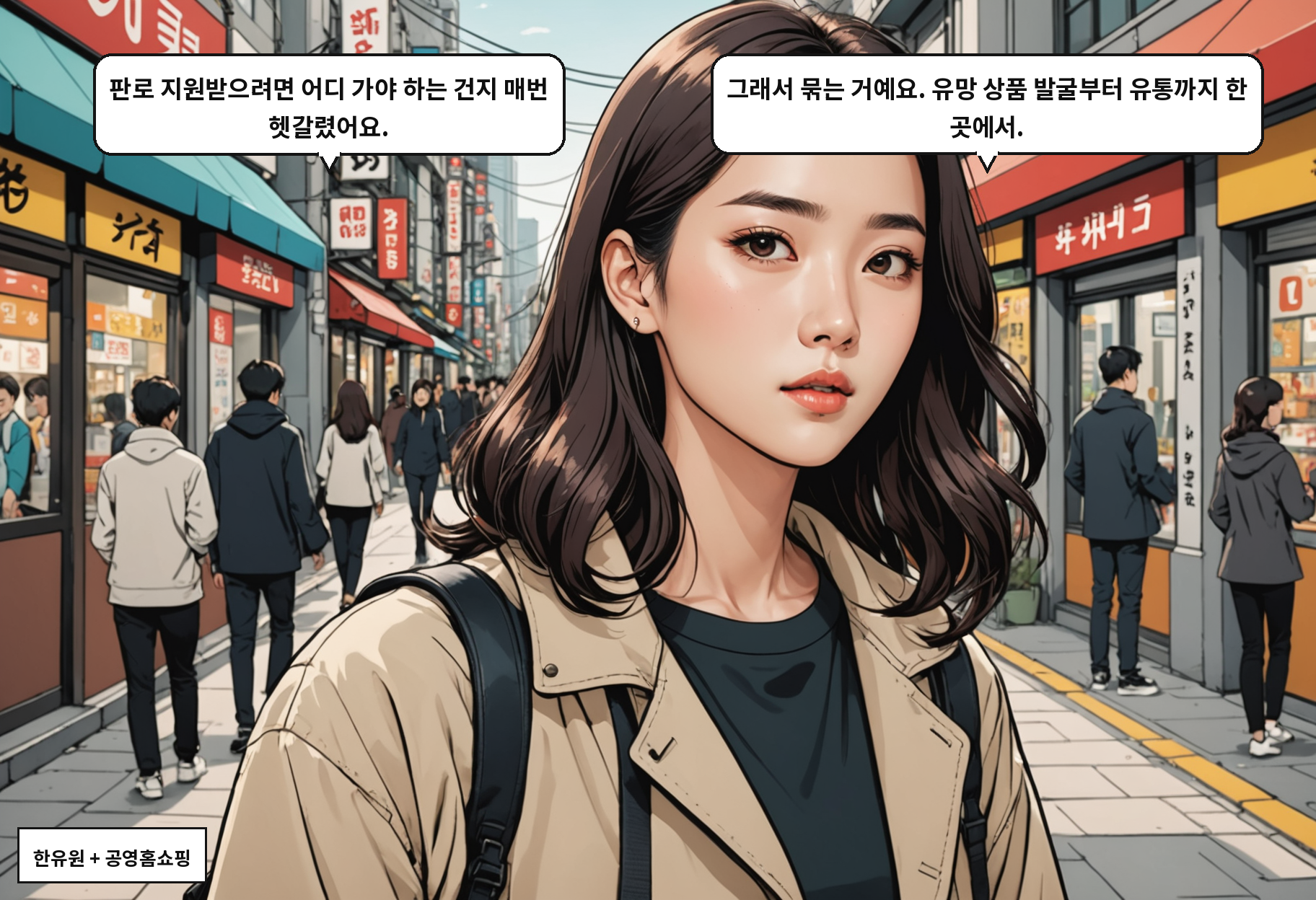 B: 판로 지원받으려면 어디 가야 하는 건지 매번 헷갈렸어요. A: 그래서 묶는 거예요. 유망 상품 발굴부터 유통까지 한 곳에서.