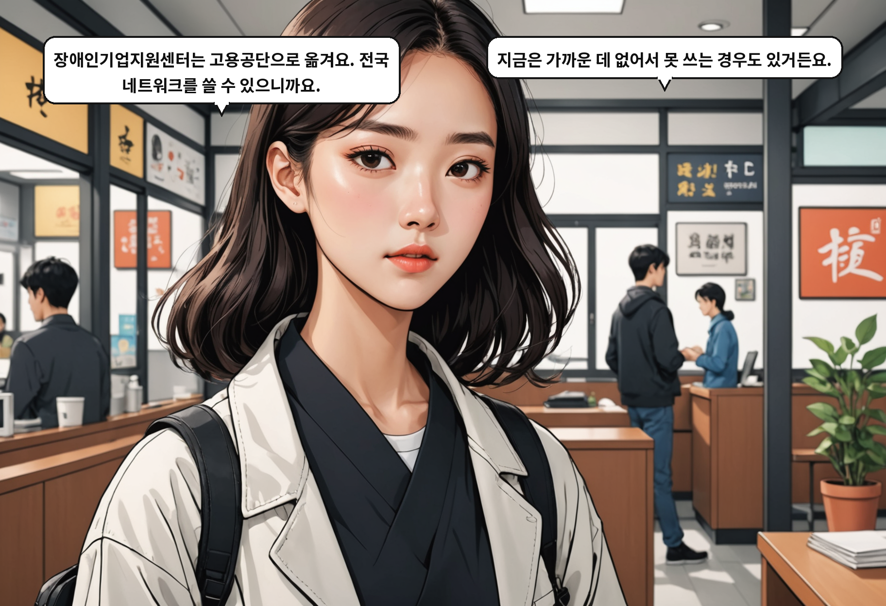 A: 장애인기업지원센터는 고용공단으로 옮겨요. 전국 네트워크를 쓸 수 있으니까요. B: 지금은 가까운 데 없어서 못 쓰는 경우도 있거든요.