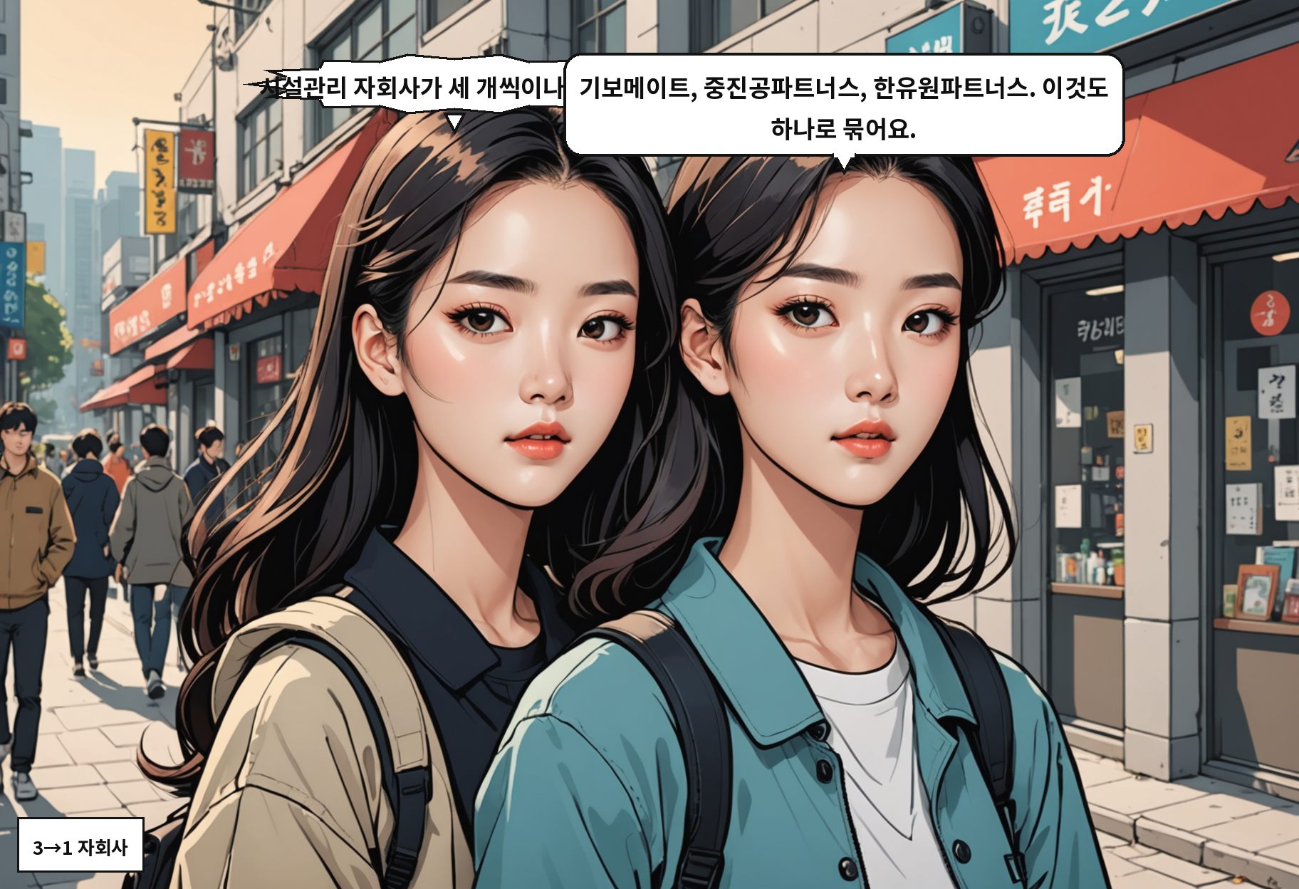 B: 시설관리 자회사가 세 개씩이나 됐어요? A: 기보메이트, 중진공파트너스, 한유원파트너스. 이것도 하나로 묶어요.