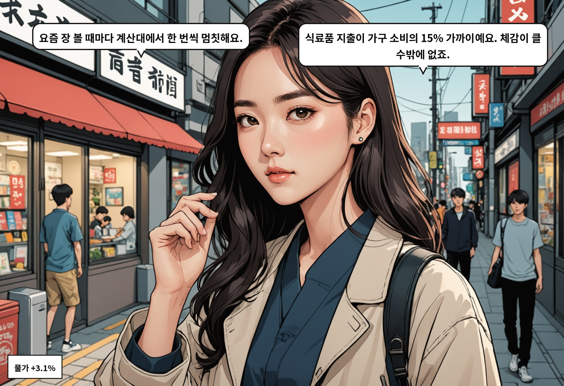 A: 요즘 장 볼 때마다 계산대에서 한 번씩 멈칫해요. B: 식료품 지출이 가구 소비의 15% 가까이예요. 체감이 클 수밖에 없죠.