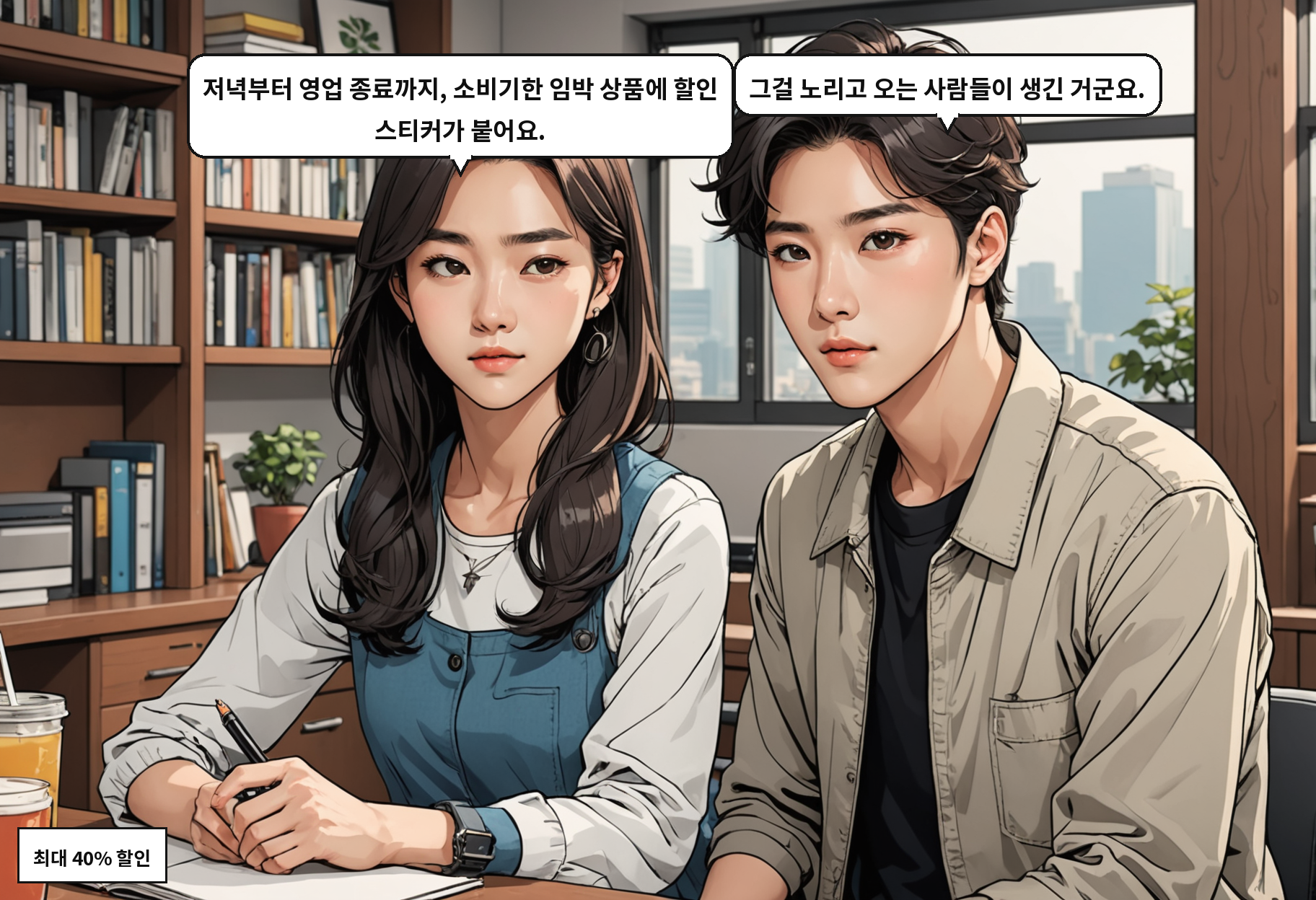 B: 저녁부터 영업 종료까지, 소비기한 임박 상품에 할인 스티커가 붙어요. A: 그걸 노리고 오는 사람들이 생긴 거군요.