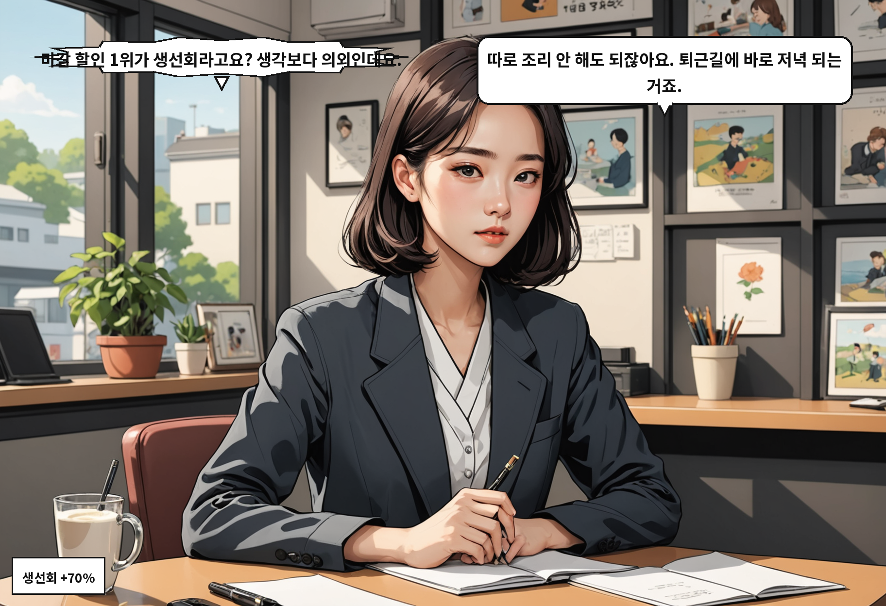 A: 마감 할인 1위가 생선회라고요? 생각보다 의외인데요. B: 따로 조리 안 해도 되잖아요. 퇴근길에 바로 저녁 되는 거죠.