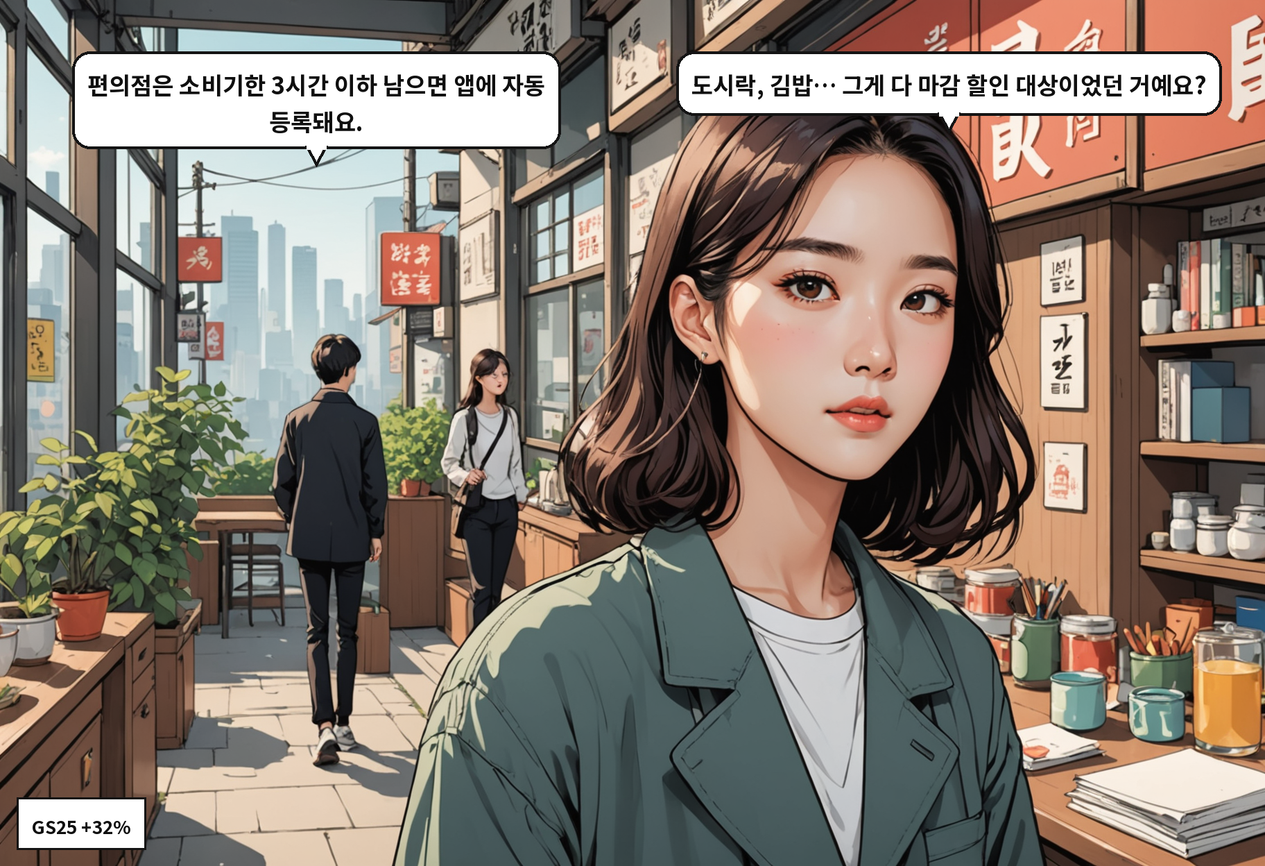 B: 편의점은 소비기한 3시간 이하 남으면 앱에 자동 등록돼요. A: 도시락, 김밥… 그게 다 마감 할인 대상이었던 거예요?