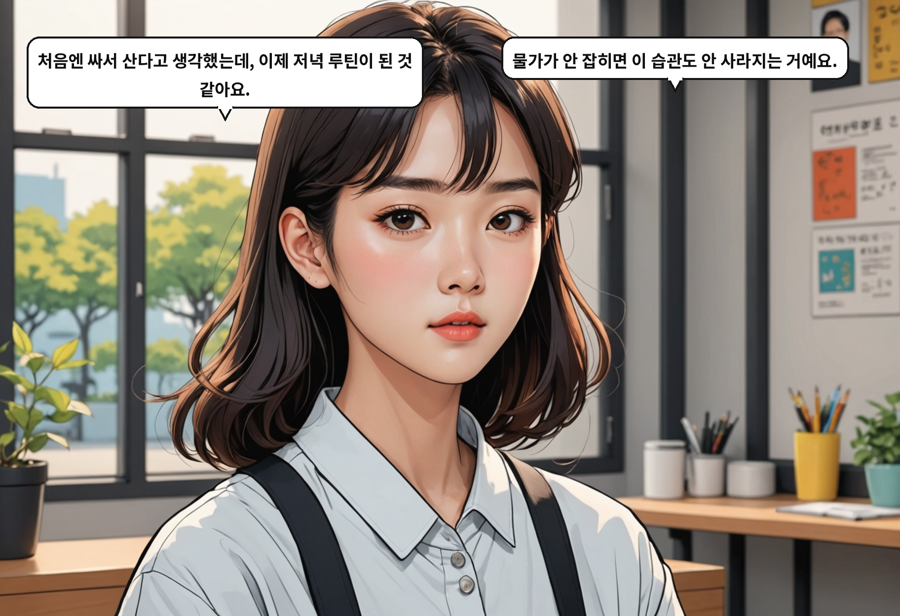 A: 처음엔 싸서 산다고 생각했는데, 이제 저녁 루틴이 된 것 같아요. B: 물가가 안 잡히면 이 습관도 안 사라지는 거예요.