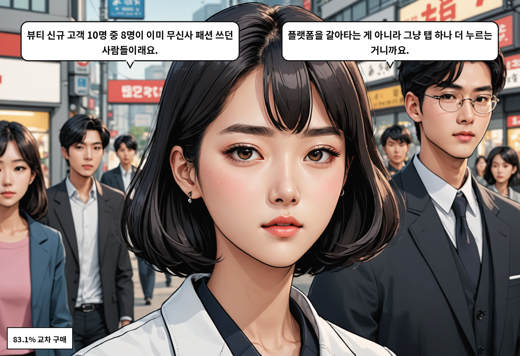 A: 뷰티 신규 고객 10명 중 8명이 이미 무신사 패션 쓰던 사람들이래요. B: 플랫폼을 갈아타는 게 아니라 그냥 탭 하나 더 누르는 거니까요.