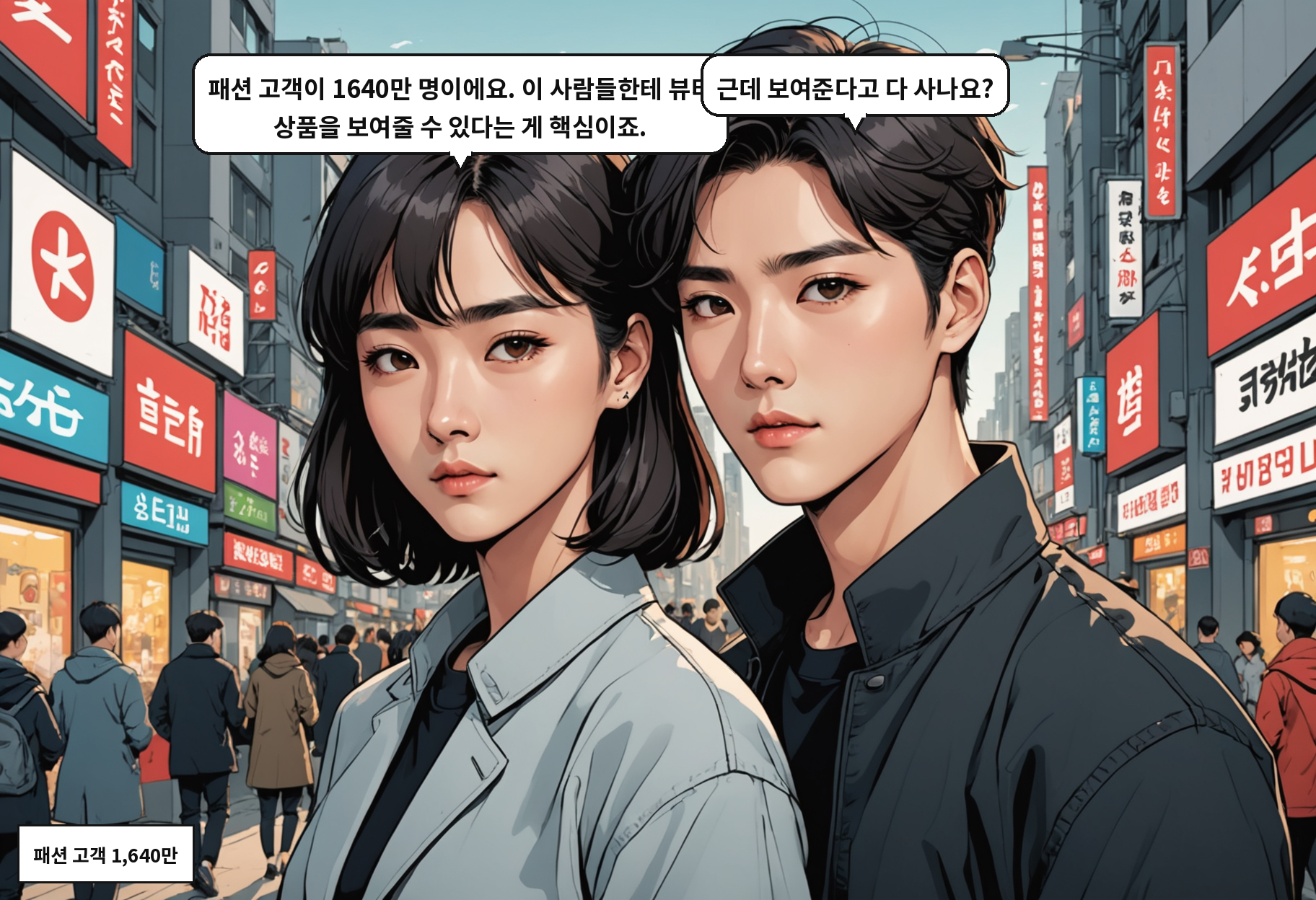 B: 패션 고객이 1640만 명이에요. 이 사람들한테 뷰티 상품을 보여줄 수 있다는 게 핵심이죠. A: 근데 보여준다고 다 사나요?