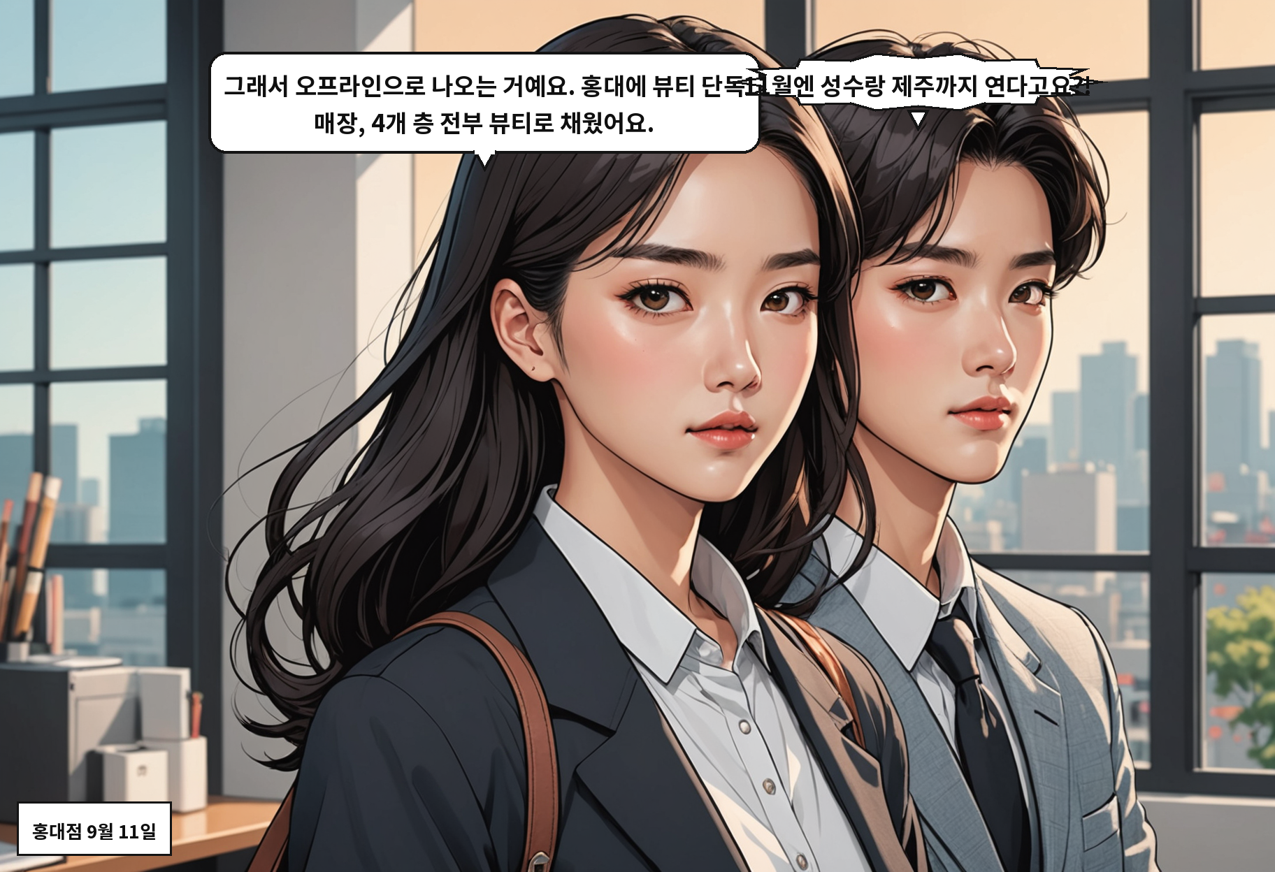 B: 그래서 오프라인으로 나오는 거예요. 홍대에 뷰티 단독 매장, 4개 층 전부 뷰티로 채웠어요. A: 11월엔 성수랑 제주까지 연다고요?!