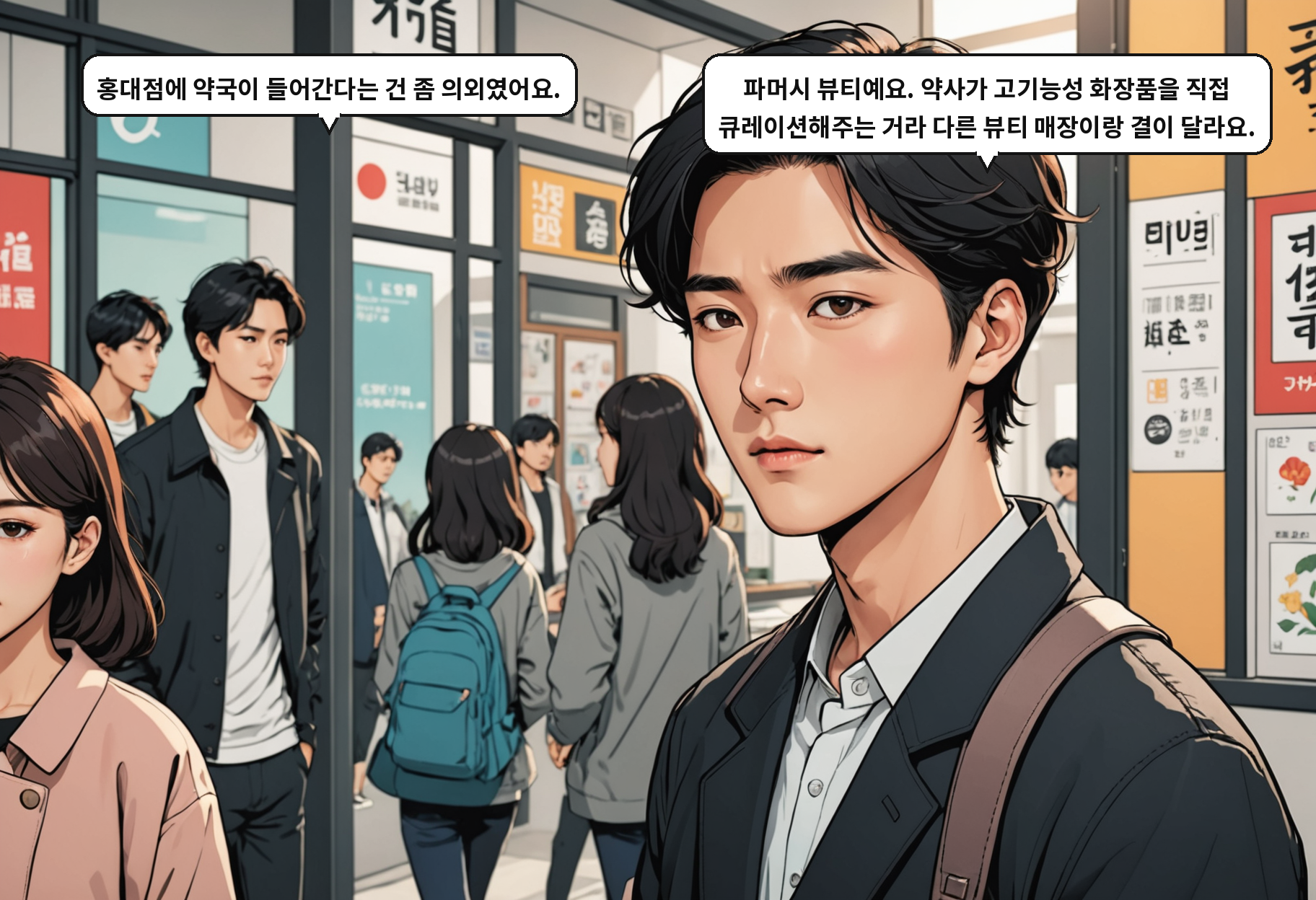 A: 홍대점에 약국이 들어간다는 건 좀 의외였어요. B: 파머시 뷰티예요. 약사가 고기능성 화장품을 직접 큐레이션해주는 거라 다른 뷰티 매장이랑 결이 달라요.