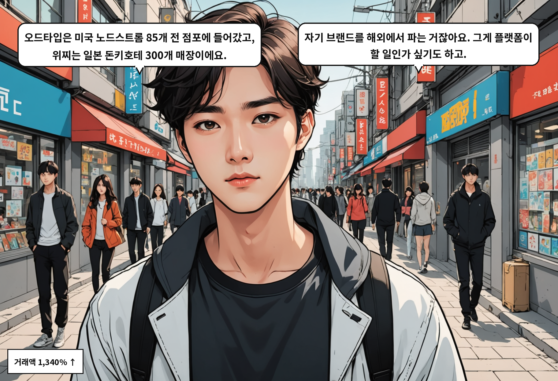 B: 오드타입은 미국 노드스트롬 85개 전 점포에 들어갔고, 위찌는 일본 돈키호테 300개 매장이에요. A: 자기 브랜드를 해외에서 파는 거잖아요. 그게 플랫폼이 할 일인가 싶기도 하고.