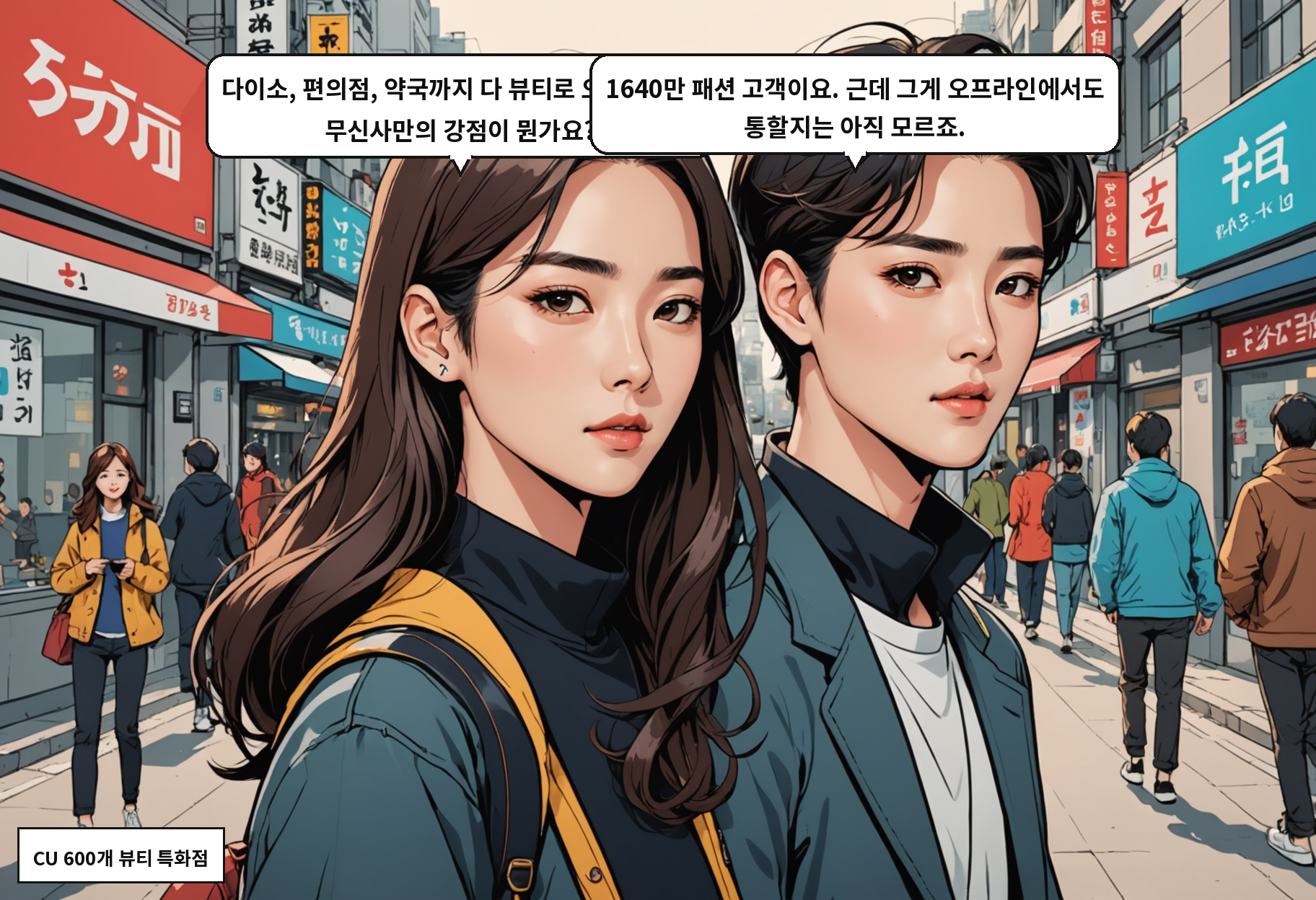 A: 다이소, 편의점, 약국까지 다 뷰티로 오고 있으면 무신사만의 강점이 뭔가요? B: 1640만 패션 고객이요. 근데 그게 오프라인에서도 통할지는 아직 모르죠.