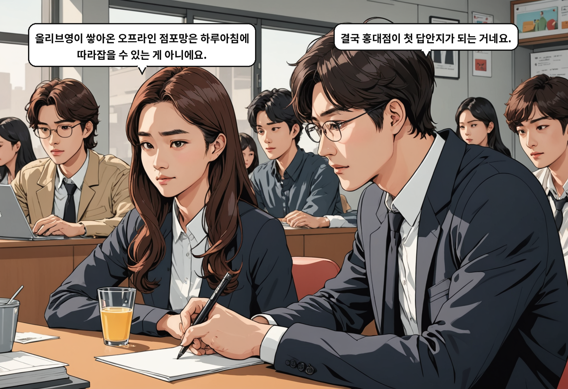 B: 올리브영이 쌓아온 오프라인 점포망은 하루아침에 따라잡을 수 있는 게 아니에요. A: 결국 홍대점이 첫 답안지가 되는 거네요.