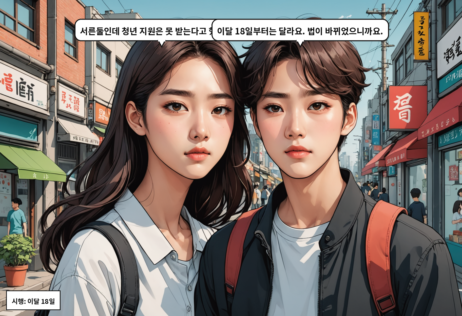 A: 서른둘인데 청년 지원은 못 받는다고 했거든요. B: 이달 18일부터는 달라요. 법이 바뀌었으니까요.