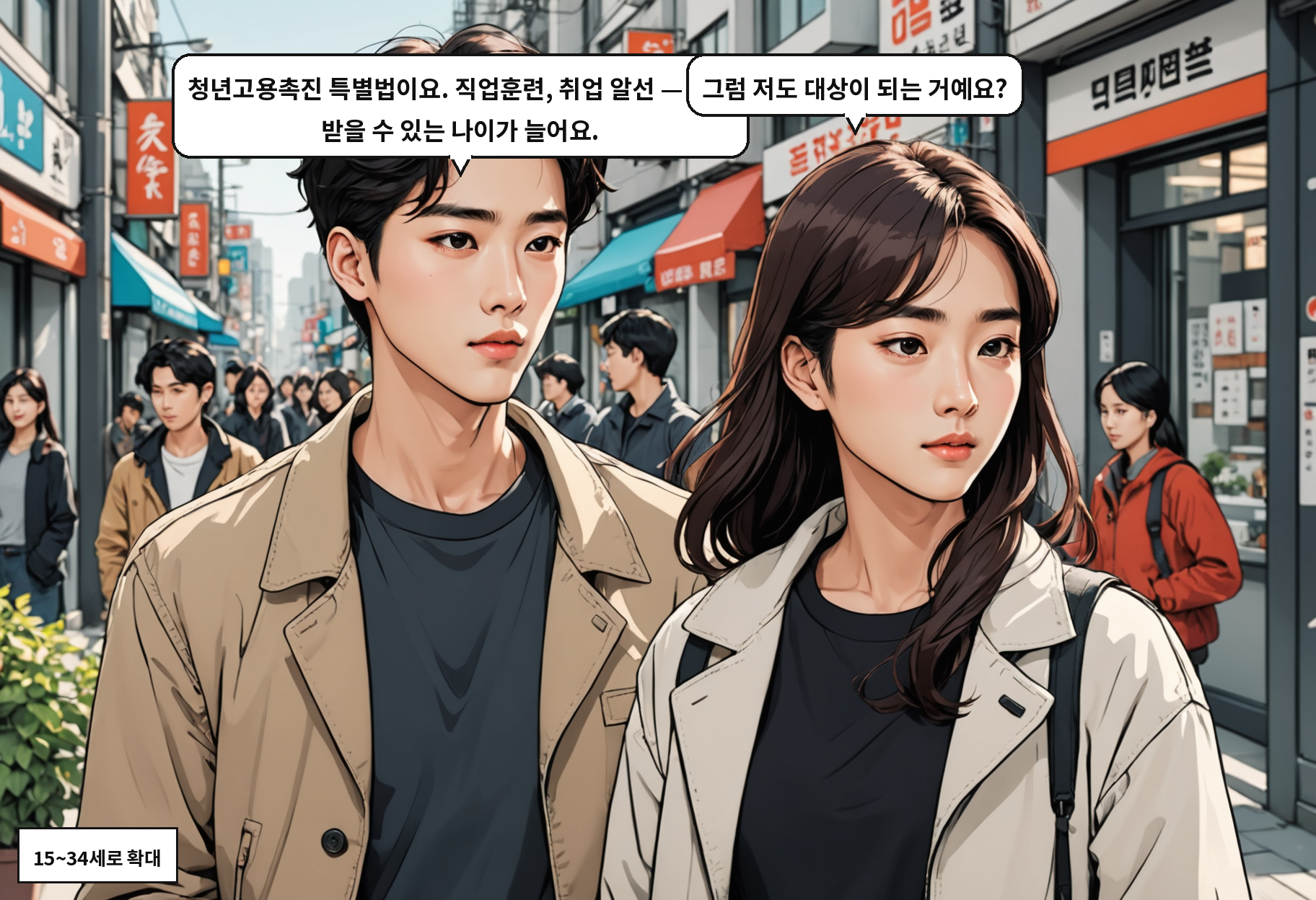 B: 청년고용촉진 특별법이요. 직업훈련, 취업 알선 — 이걸 받을 수 있는 나이가 늘어요. A: 그럼 저도 대상이 되는 거예요?