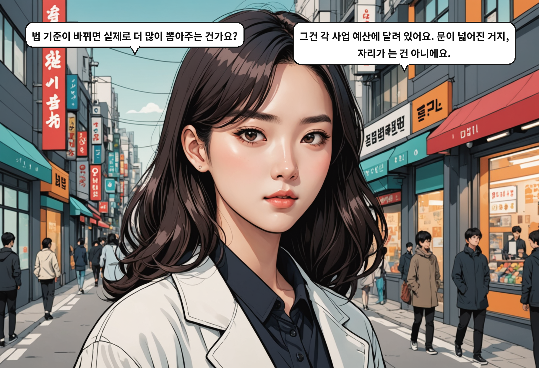 A: 법 기준이 바뀌면 실제로 더 많이 뽑아주는 건가요? B: 그건 각 사업 예산에 달려 있어요. 문이 넓어진 거지, 자리가 는 건 아니에요.