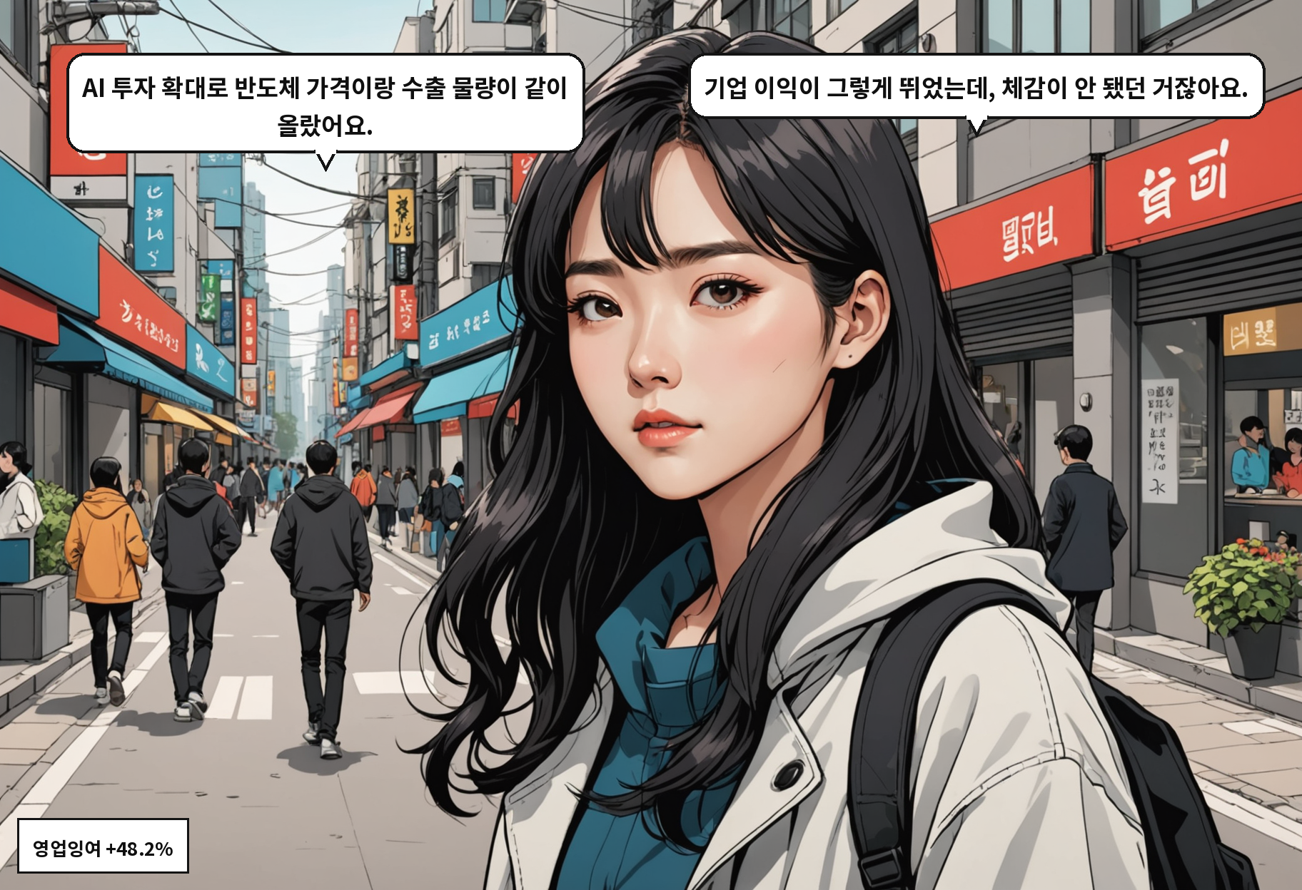 B: AI 투자 확대로 반도체 가격이랑 수출 물량이 같이 올랐어요. A: 기업 이익이 그렇게 뛰었는데, 체감이 안 됐던 거잖아요.