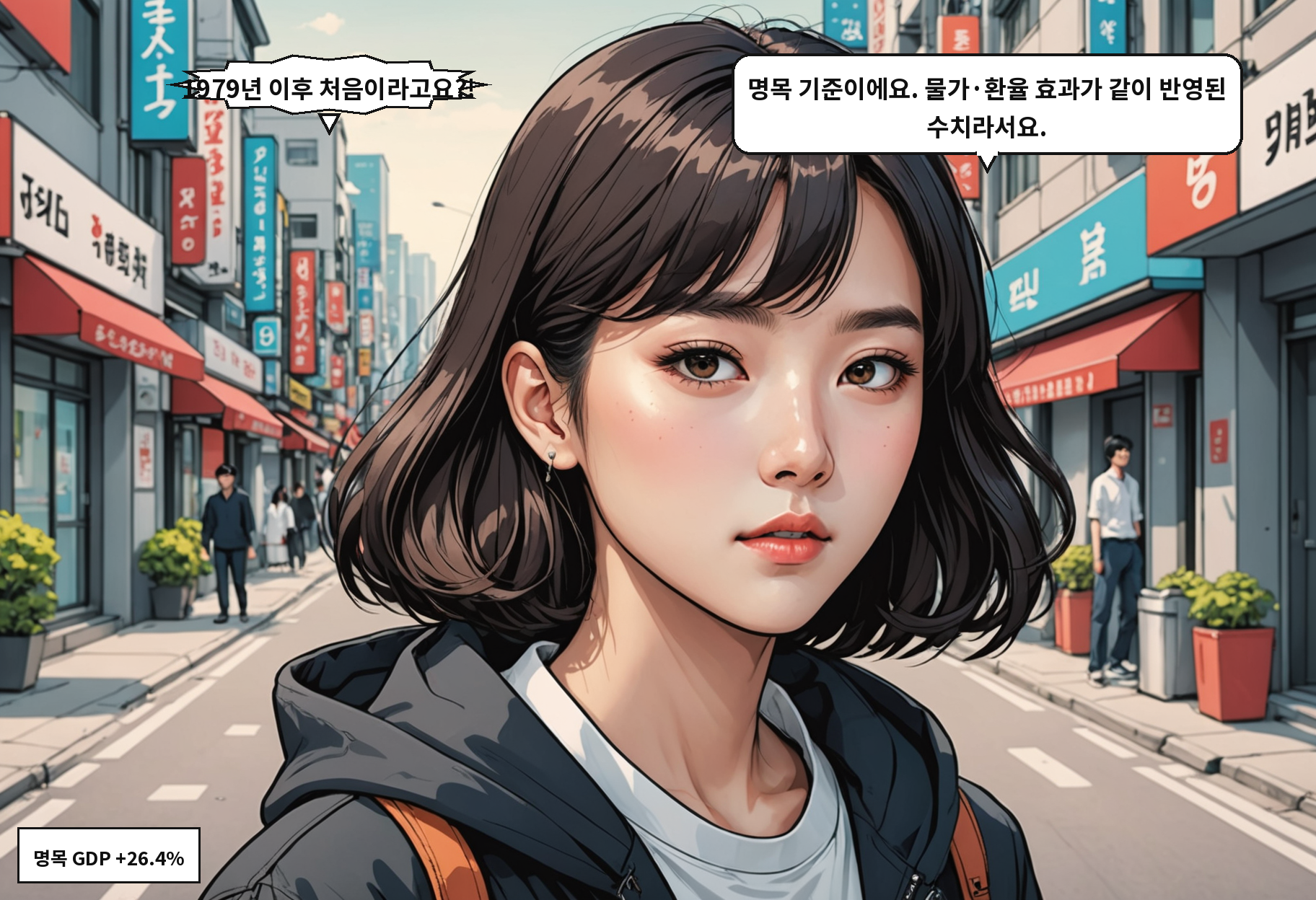 A: 1979년 이후 처음이라고요?! B: 명목 기준이에요. 물가·환율 효과가 같이 반영된 수치라서요.