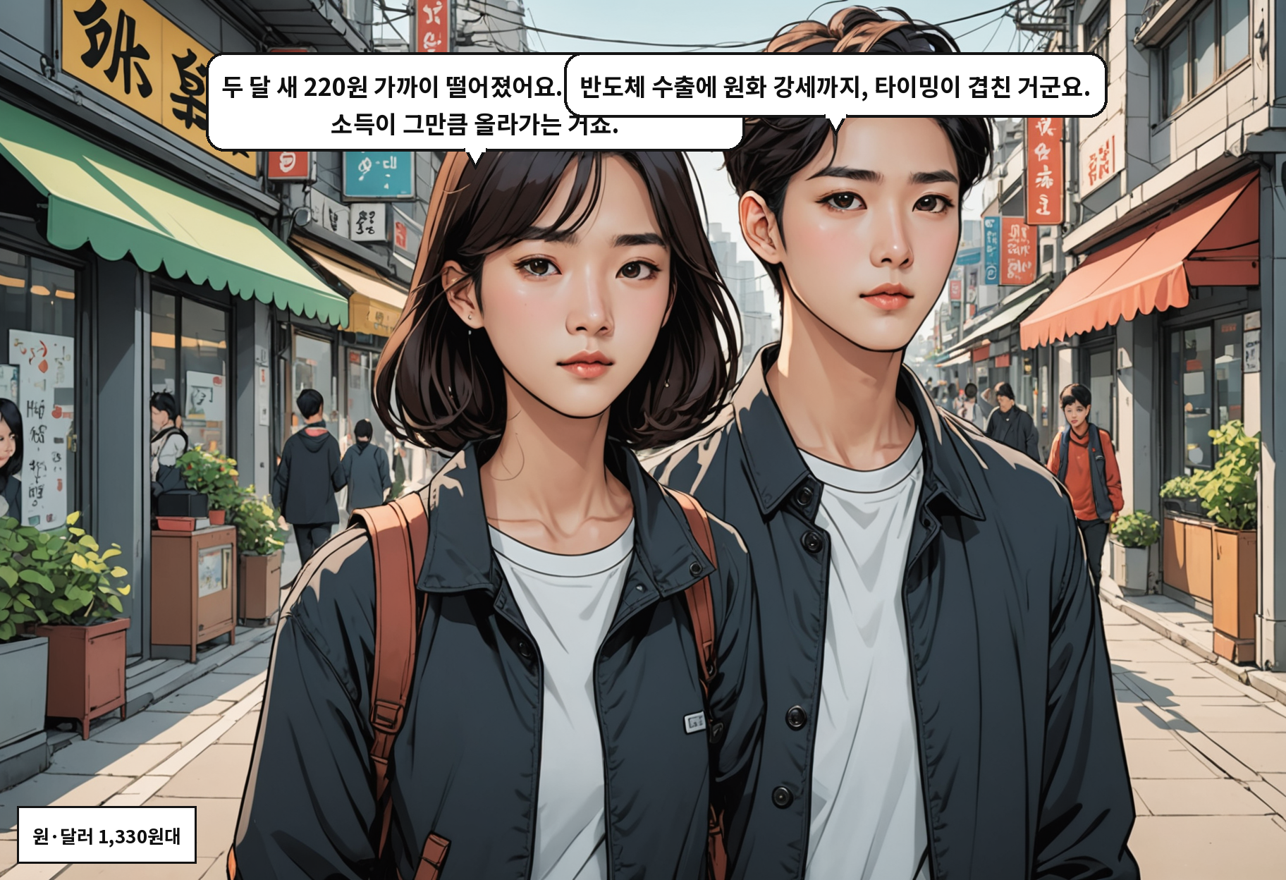 B: 두 달 새 220원 가까이 떨어졌어요. 달러로 환산하면 소득이 그만큼 올라가는 거죠. A: 반도체 수출에 원화 강세까지, 타이밍이 겹친 거군요.