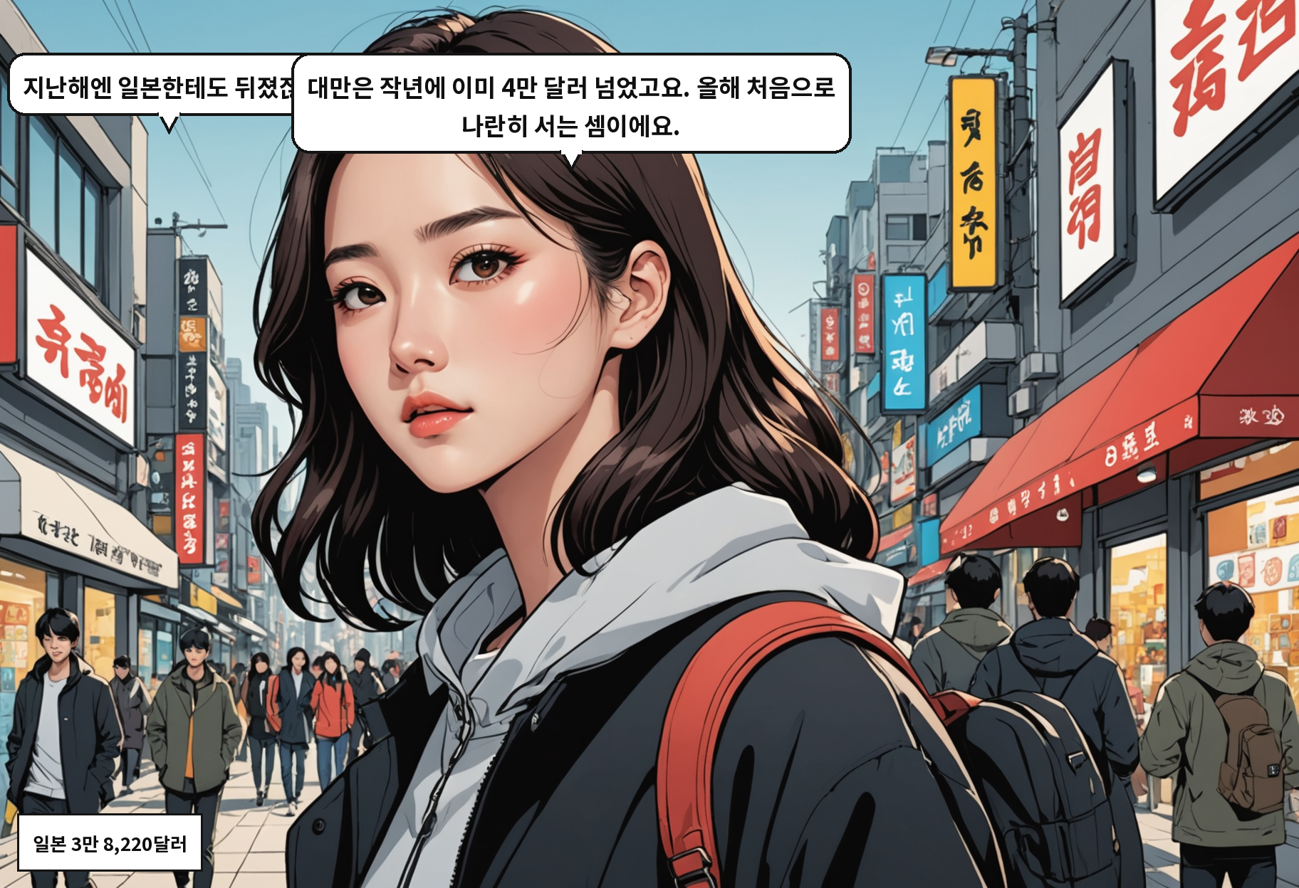 A: 지난해엔 일본한테도 뒤졌잖아요. B: 대만은 작년에 이미 4만 달러 넘었고요. 올해 처음으로 나란히 서는 셈이에요.