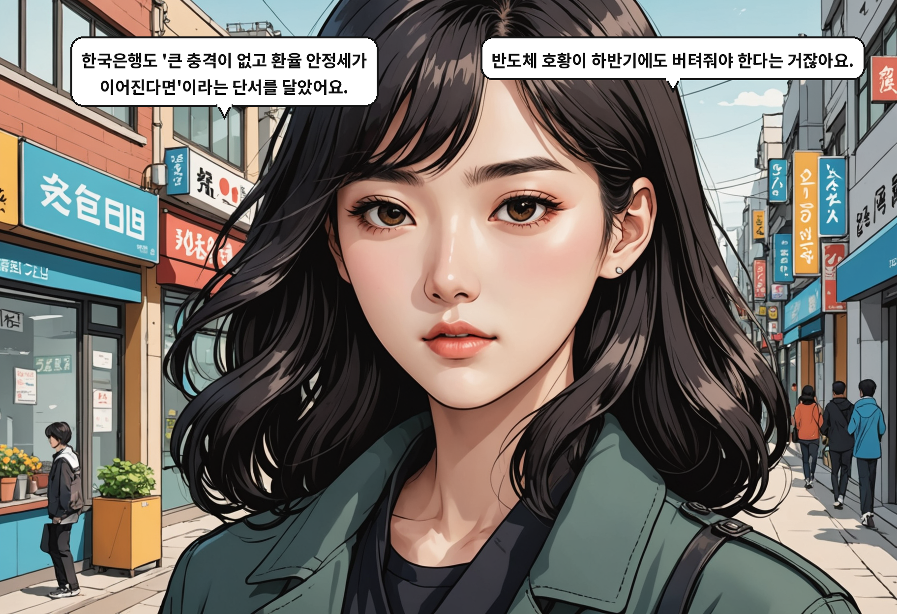 B: 한국은행도 '큰 충격이 없고 환율 안정세가 이어진다면'이라는 단서를 달았어요. A: 반도체 호황이 하반기에도 버텨줘야 한다는 거잖아요.