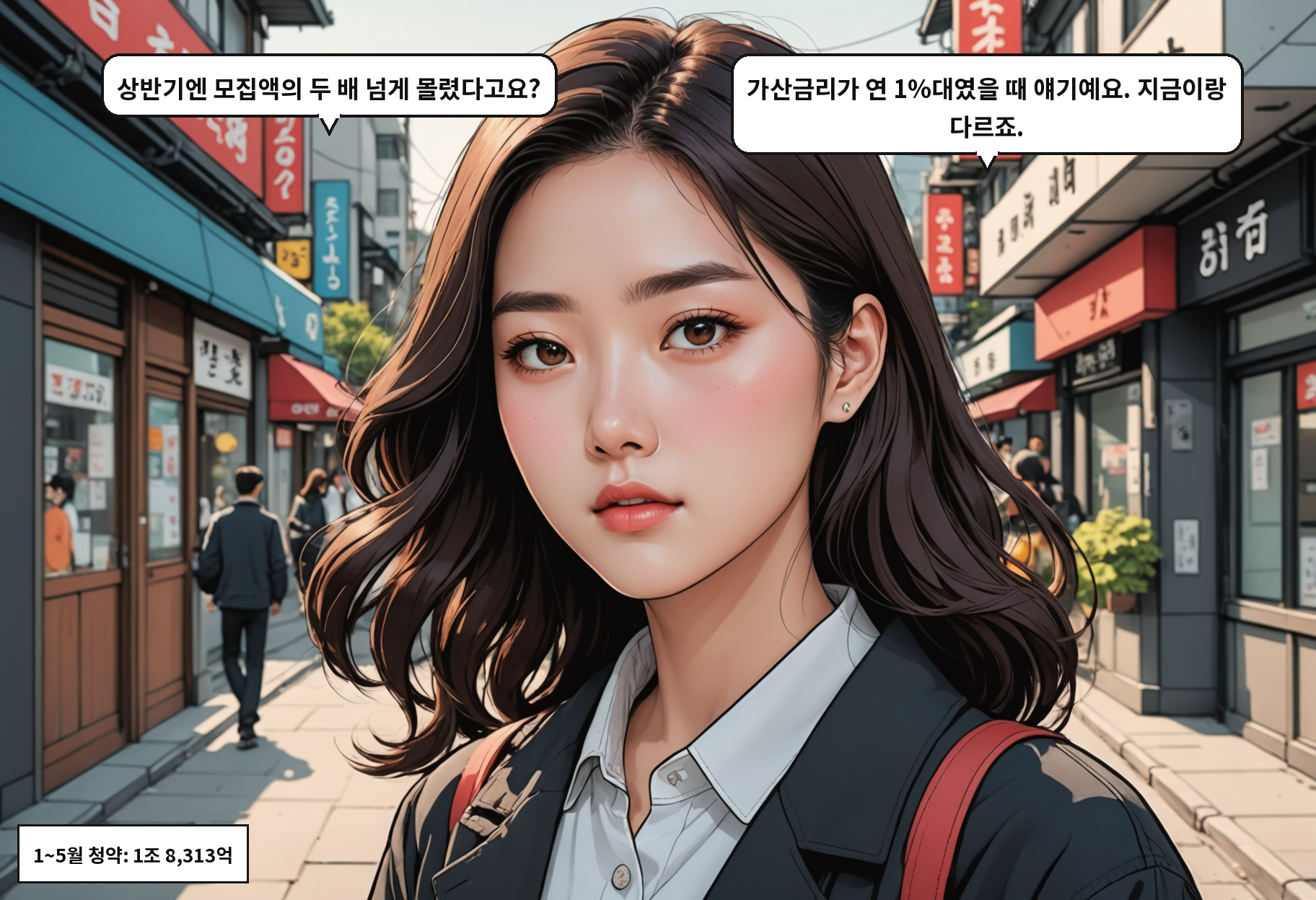B: 상반기엔 모집액의 두 배 넘게 몰렸다고요? A: 가산금리가 연 1%대였을 때 얘기예요. 지금이랑 다르죠.