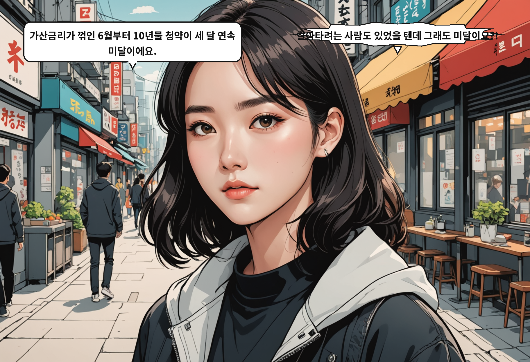 A: 가산금리가 꺾인 6월부터 10년물 청약이 세 달 연속 미달이에요. B: 갈아타려는 사람도 있었을 텐데 그래도 미달이요?!