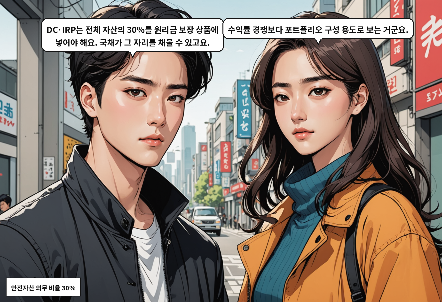 A: DC·IRP는 전체 자산의 30%를 원리금 보장 상품에 넣어야 해요. 국채가 그 자리를 채울 수 있고요. B: 수익률 경쟁보다 포트폴리오 구성 용도로 보는 거군요.