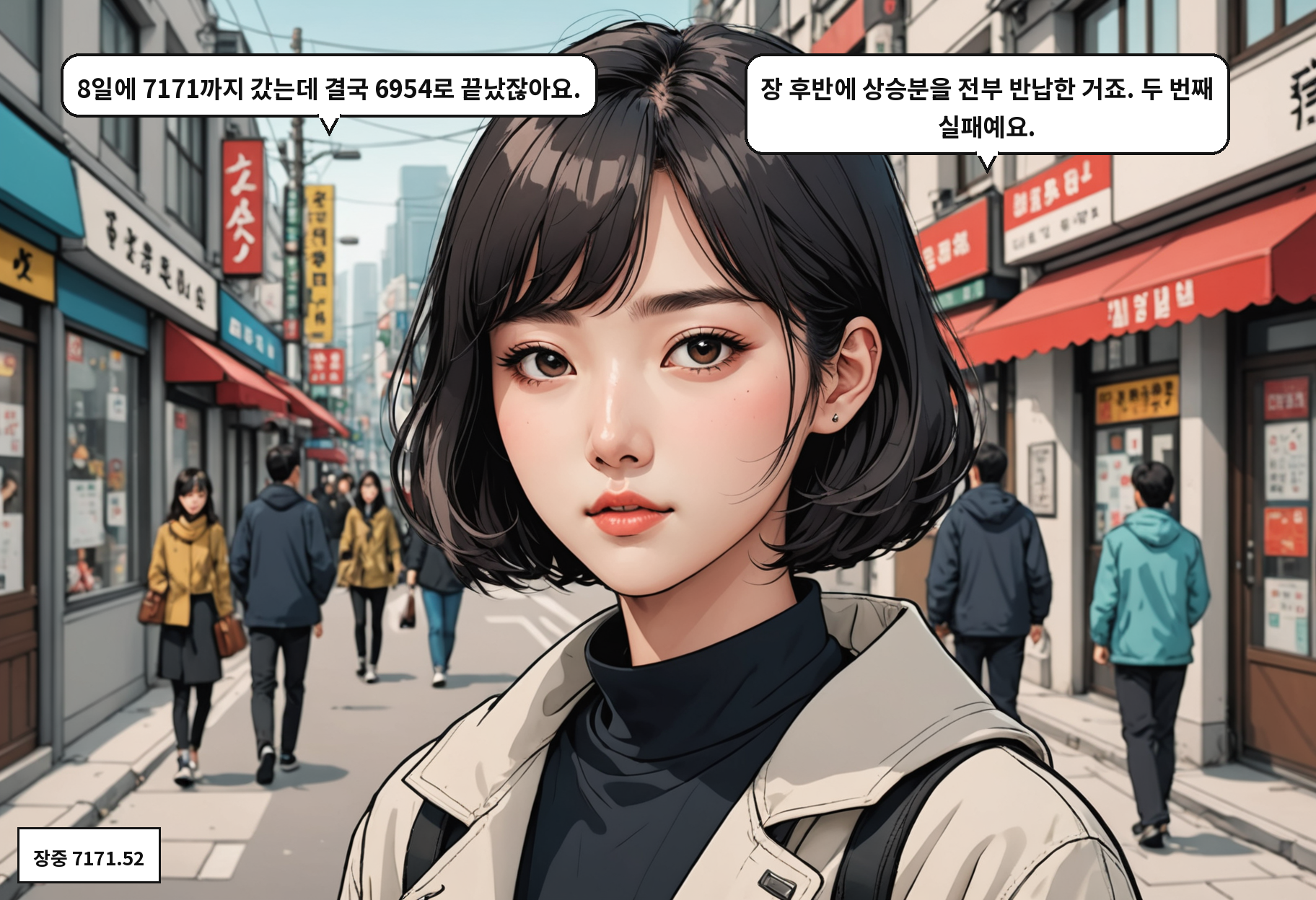 B: 8일에 7171까지 갔는데 결국 6954로 끝났잖아요. A: 장 후반에 상승분을 전부 반납한 거죠. 두 번째 실패예요.