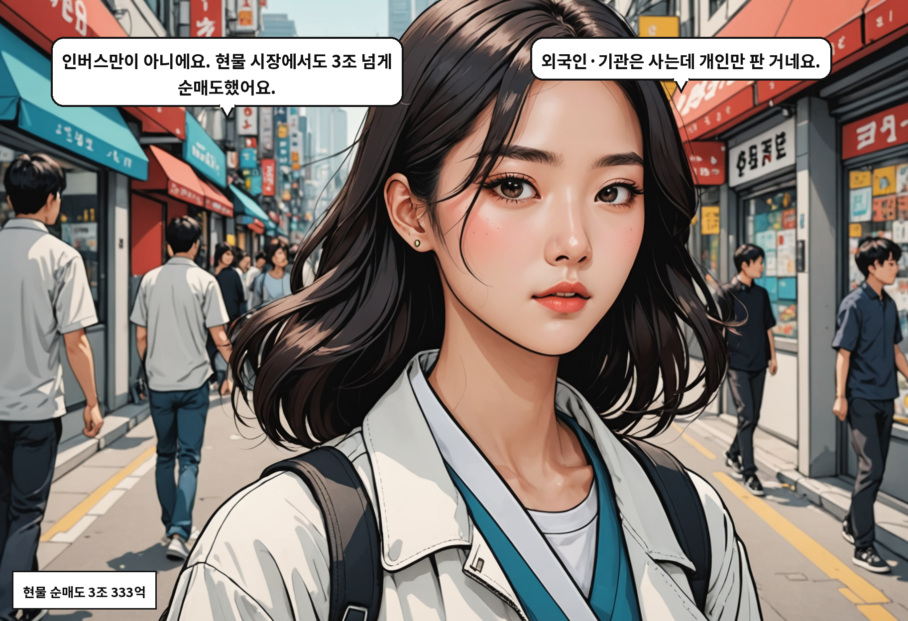 A: 인버스만이 아니에요. 현물 시장에서도 3조 넘게 순매도했어요. B: 외국인·기관은 사는데 개인만 판 거네요.
