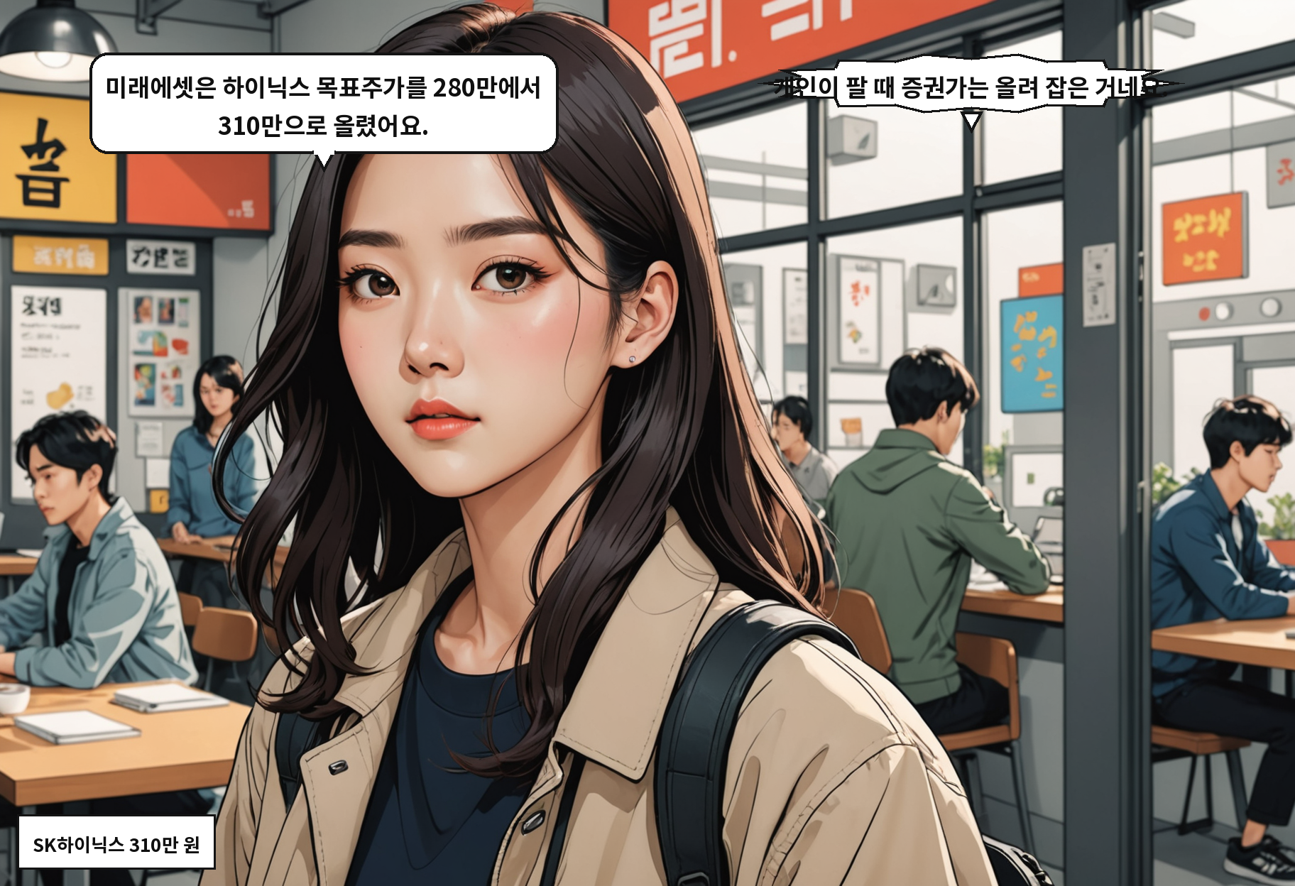 A: 미래에셋은 하이닉스 목표주가를 280만에서 310만으로 올렸어요. B: 개인이 팔 때 증권가는 올려 잡은 거네요.