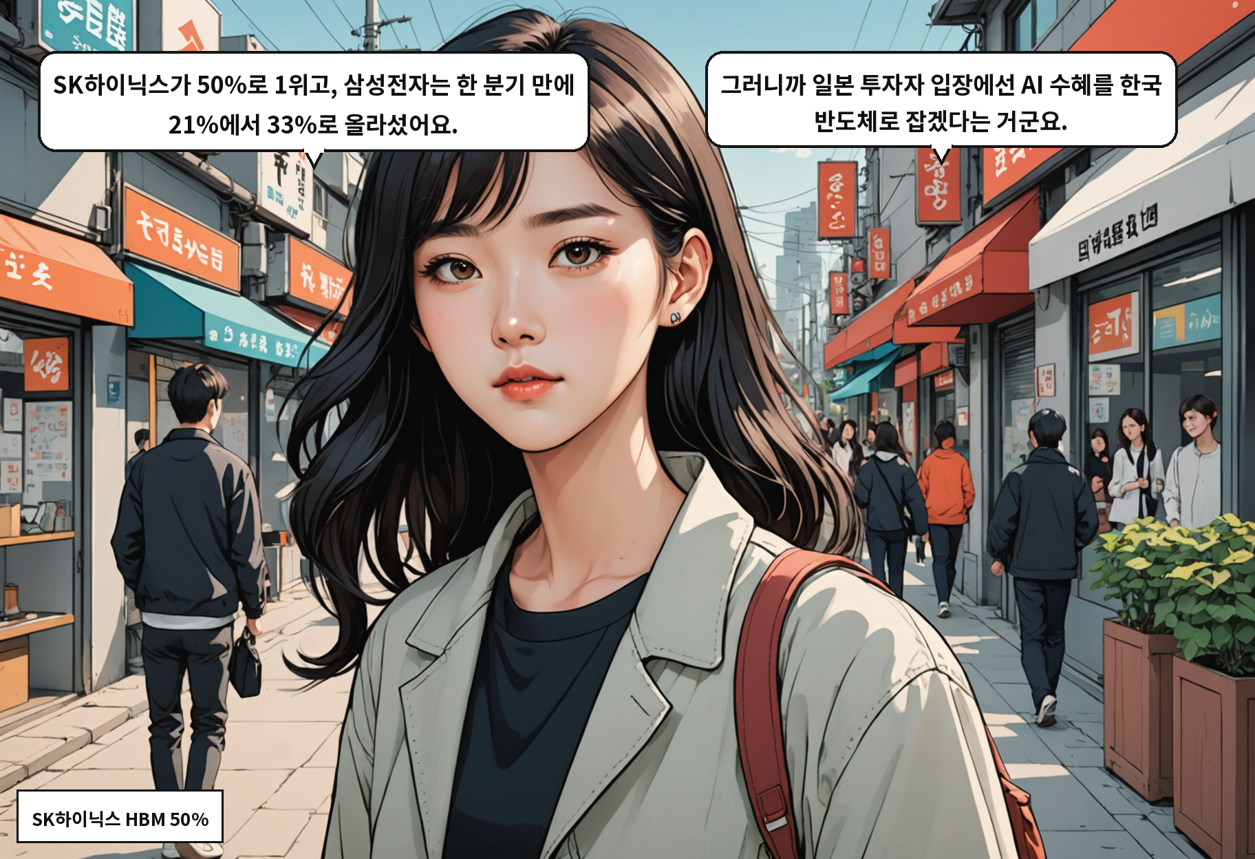 A: SK하이닉스가 50%로 1위고, 삼성전자는 한 분기 만에 21%에서 33%로 올라섰어요. B: 그러니까 일본 투자자 입장에선 AI 수혜를 한국 반도체로 잡겠다는 거군요.