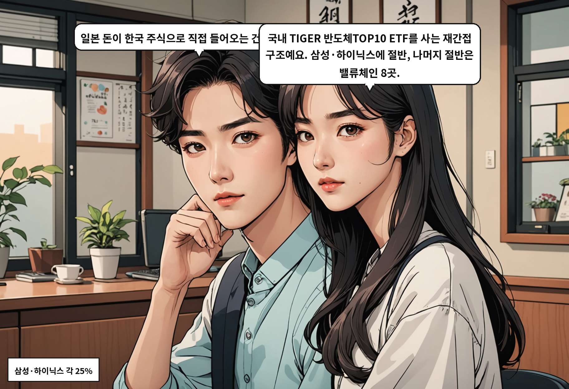B: 일본 돈이 한국 주식으로 직접 들어오는 건 아니잖아요? A: 국내 TIGER 반도체TOP10 ETF를 사는 재간접 구조예요. 삼성·하이닉스에 절반, 나머지 절반은 밸류체인 8곳.