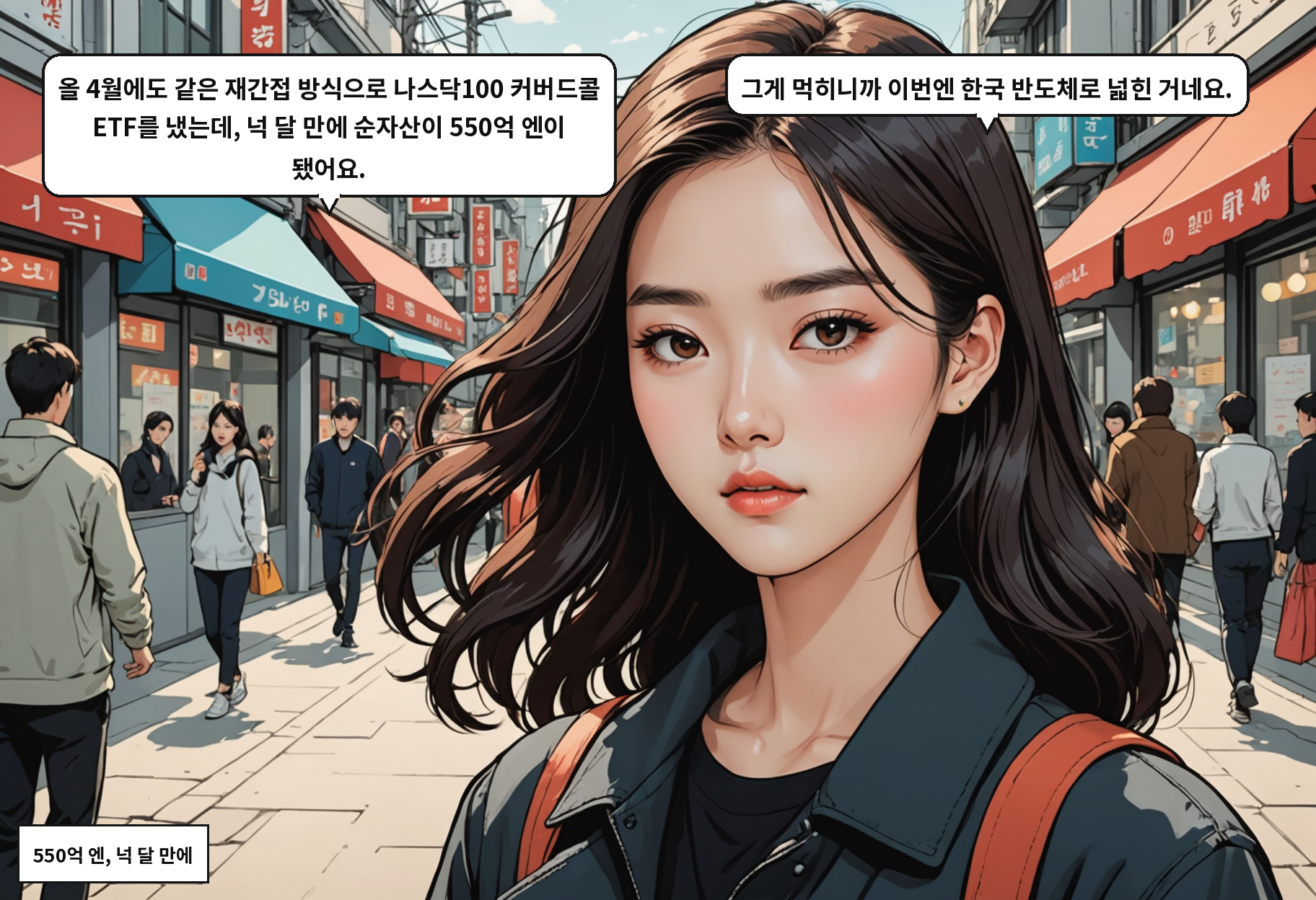 A: 올 4월에도 같은 재간접 방식으로 나스닥100 커버드콜 ETF를 냈는데, 넉 달 만에 순자산이 550억 엔이 됐어요. B: 그게 먹히니까 이번엔 한국 반도체로 넓힌 거네요.