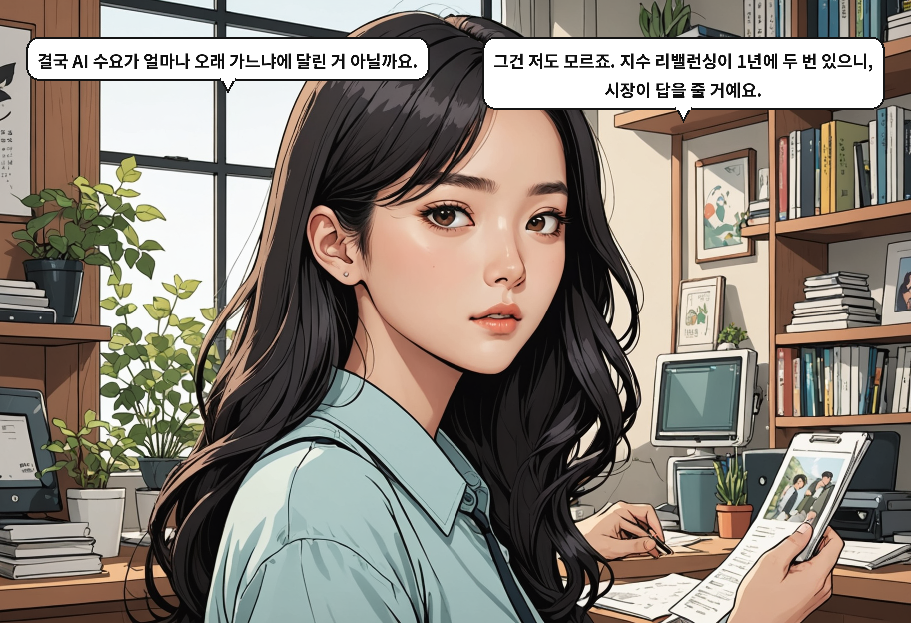 B: 결국 AI 수요가 얼마나 오래 가느냐에 달린 거 아닐까요. A: 그건 저도 모르죠. 지수 리밸런싱이 1년에 두 번 있으니, 시장이 답을 줄 거예요.