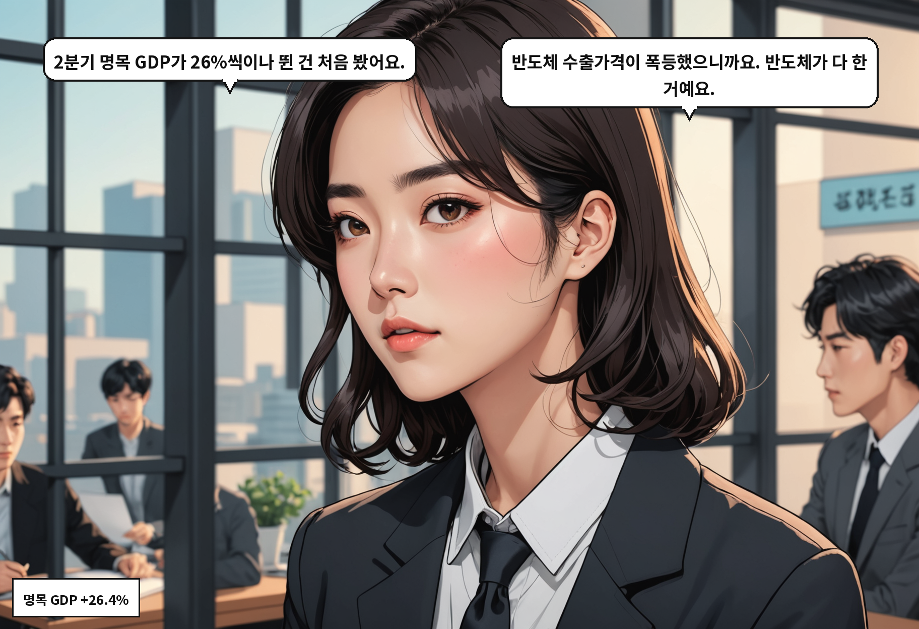 A: 2분기 명목 GDP가 26%나 뛰었다고요? B: 반도체 수출가격이 폭등한 덕분이에요. 내수는 거의 그대로고요.