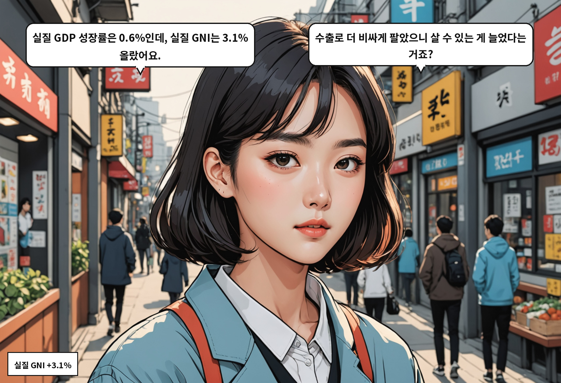 B: 수출 물가가 내수 물가의 16배 속도로 올랐어요. A: 반도체만 잘 된 거지, 국민 전체가 잘 된 건 아니잖아요.