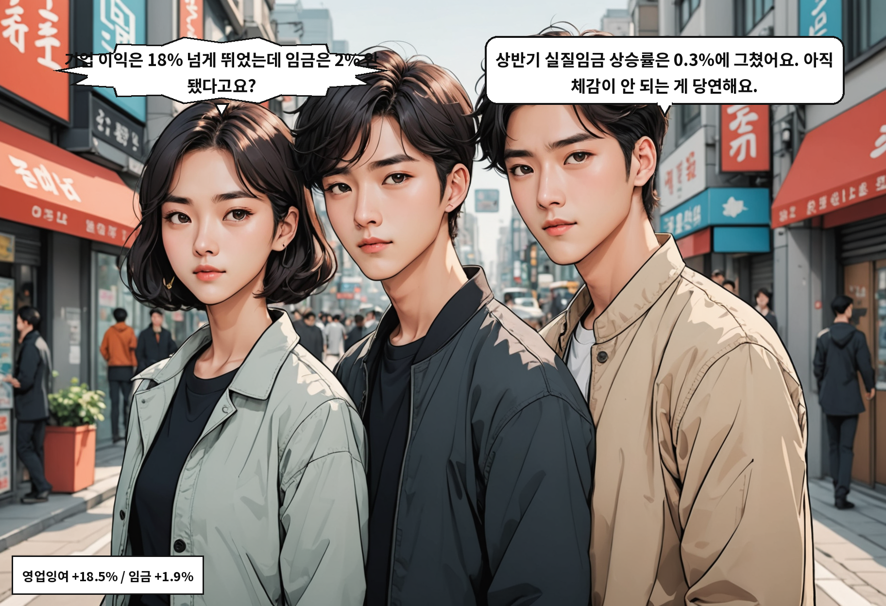 B: 기업 이익은 18.5% 늘었는데 임금은 1.9% 오르는 데 그쳤어요. A: 숫자가 같은 나라 얘기 같지 않네요.