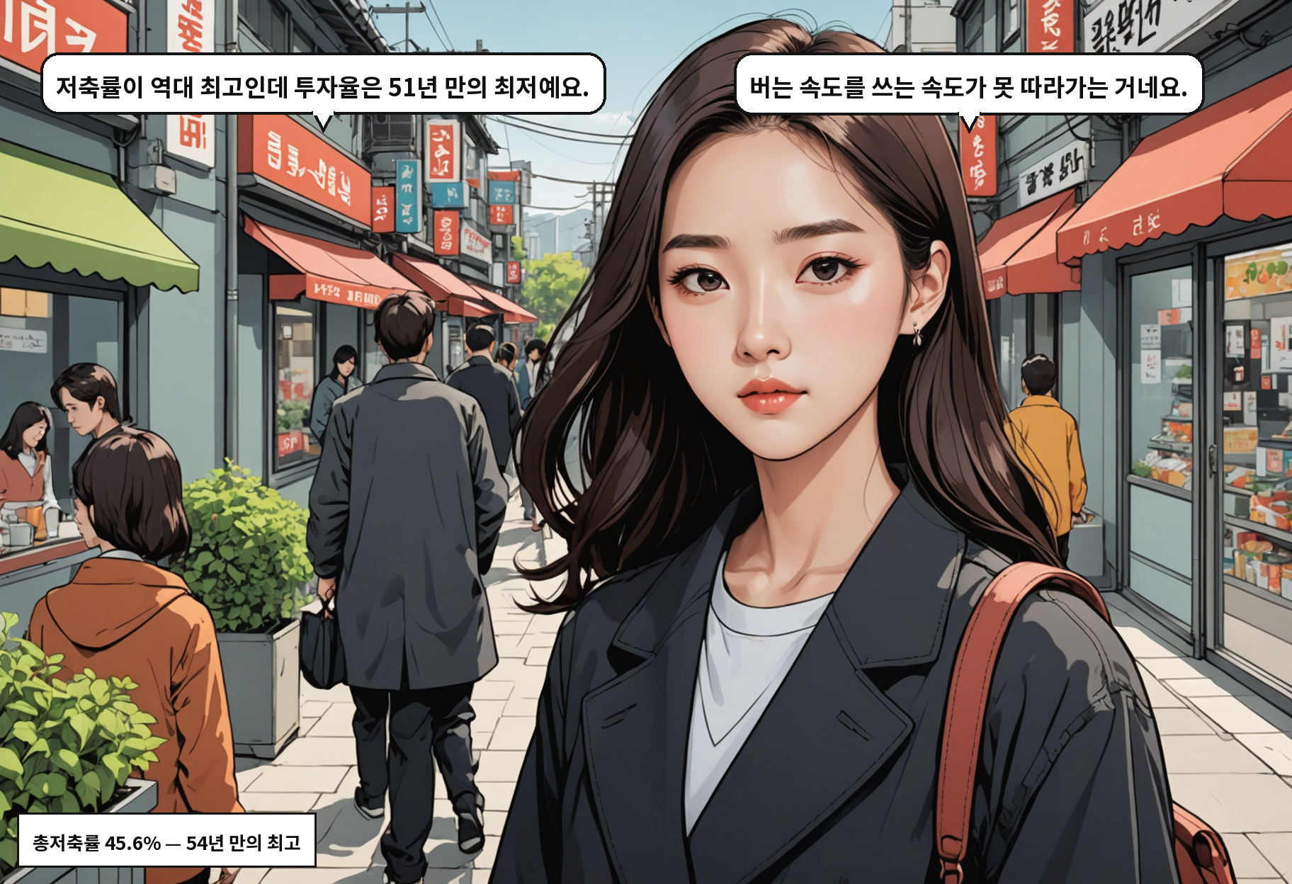 A: 소득이 늘었는데 투자율이 51년 만에 최저라니, 이상하지 않나요? B: 소비도 투자도 안 하고 그냥 쌓아두는 거예요. 미래가 불안하니까.