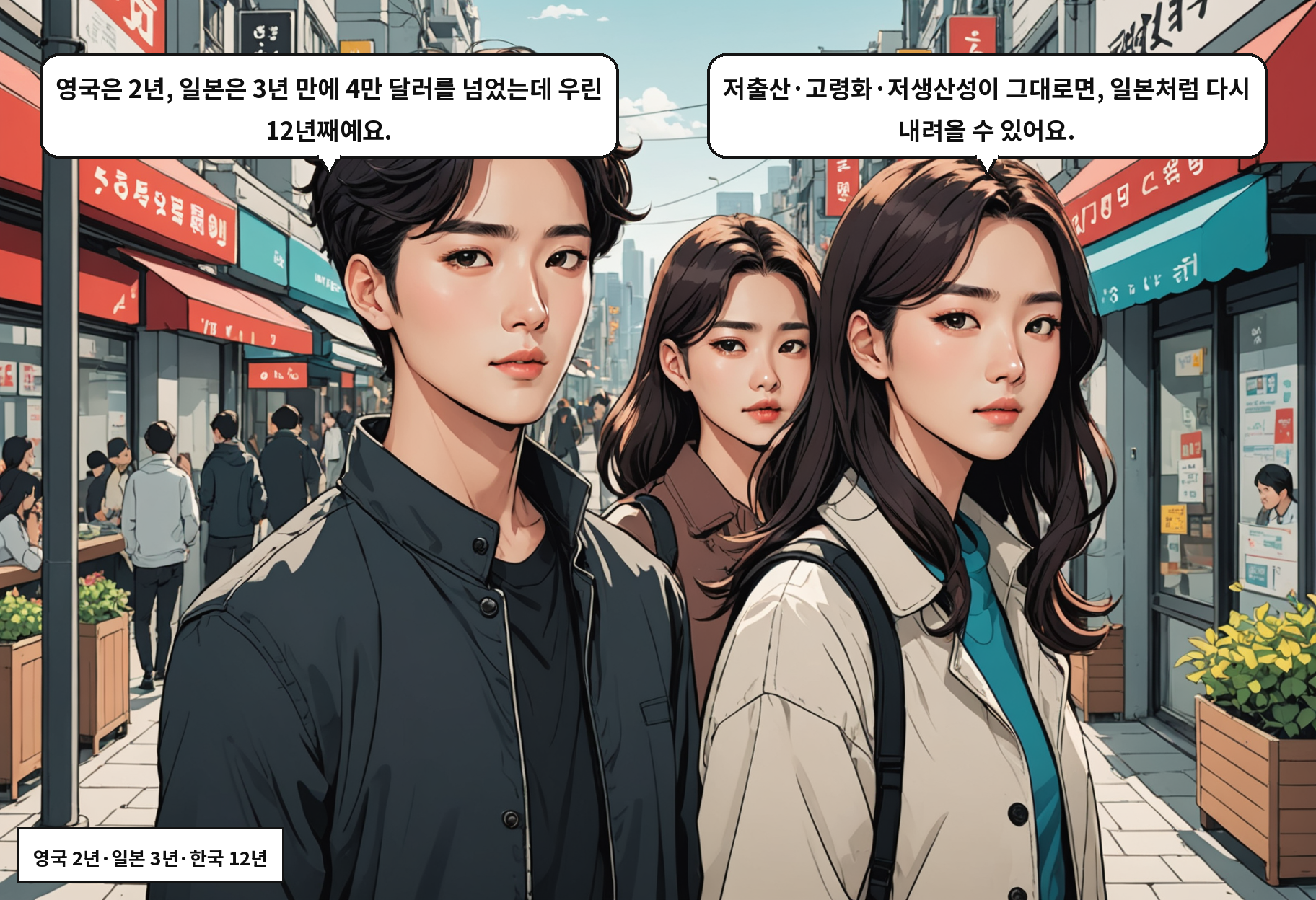 B: 영국은 2년, 일본은 3년 걸린 구간을 한국은 12년 끌었어요. A: 저출산·저생산성 문제가 풀리지 않으면 일본처럼 다시 내려앉을 수도 있겠네요.