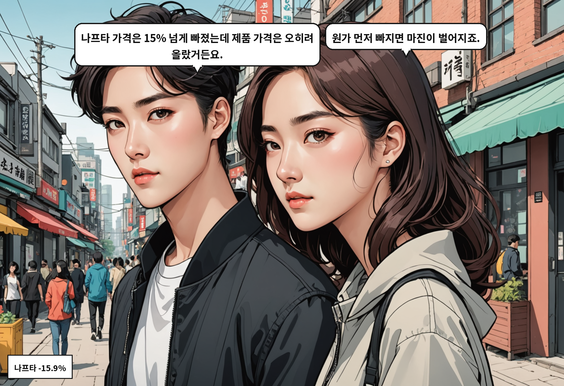 A: 나프타 가격은 15% 넘게 빠졌는데 제품 가격은 오히려 올랐거든요. B: 원가 먼저 빠지면 마진이 벌어지죠.
