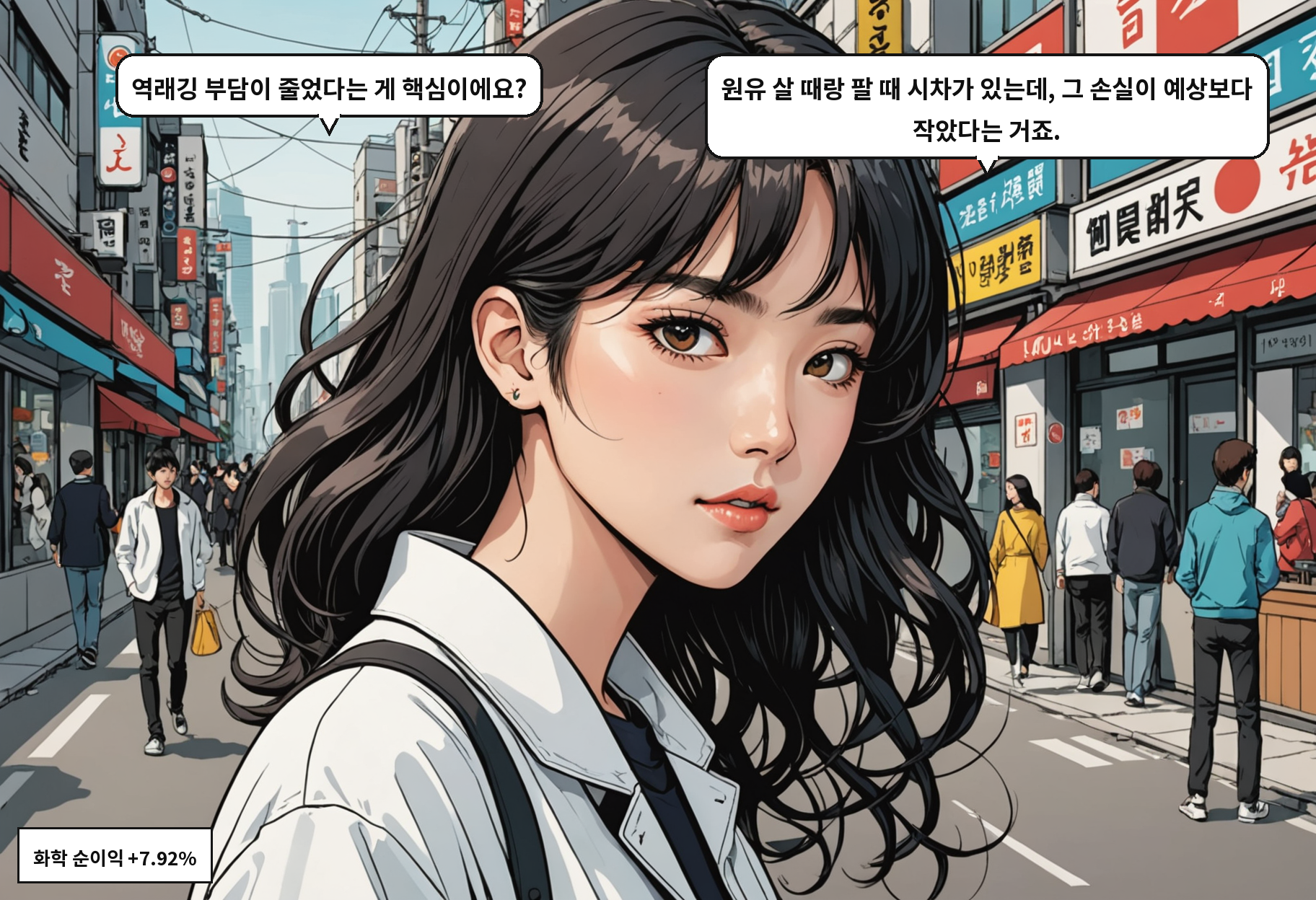 B: 역래깅 부담이 줄었다는 게 핵심이에요? A: 원유 살 때랑 팔 때 시차가 있는데, 그 손실이 예상보다 작았다는 거죠.