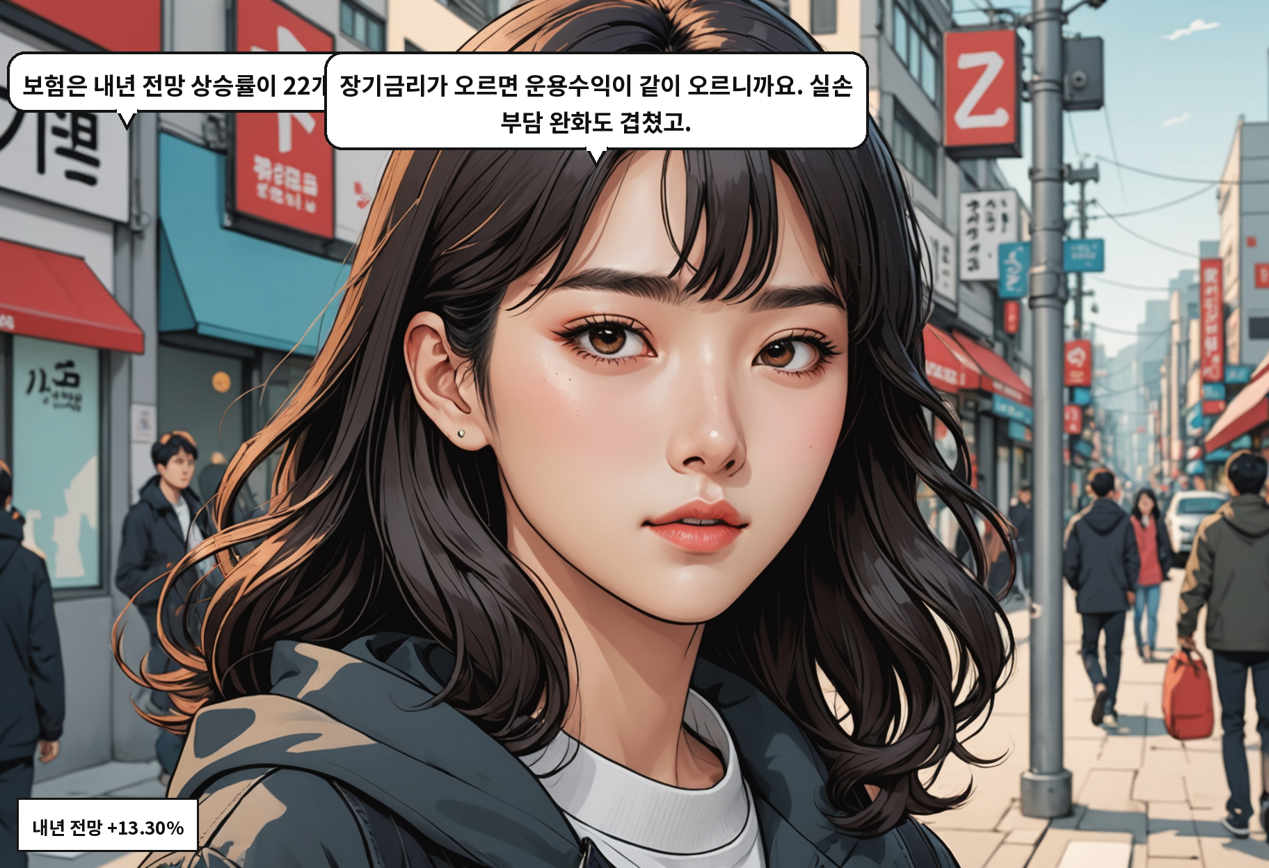 A: 보험은 내년 전망 상승률이 22개 업종 중 1위예요. B: 장기금리가 오르면 운용수익이 같이 오르니까요. 실손 부담 완화도 겹쳤고.